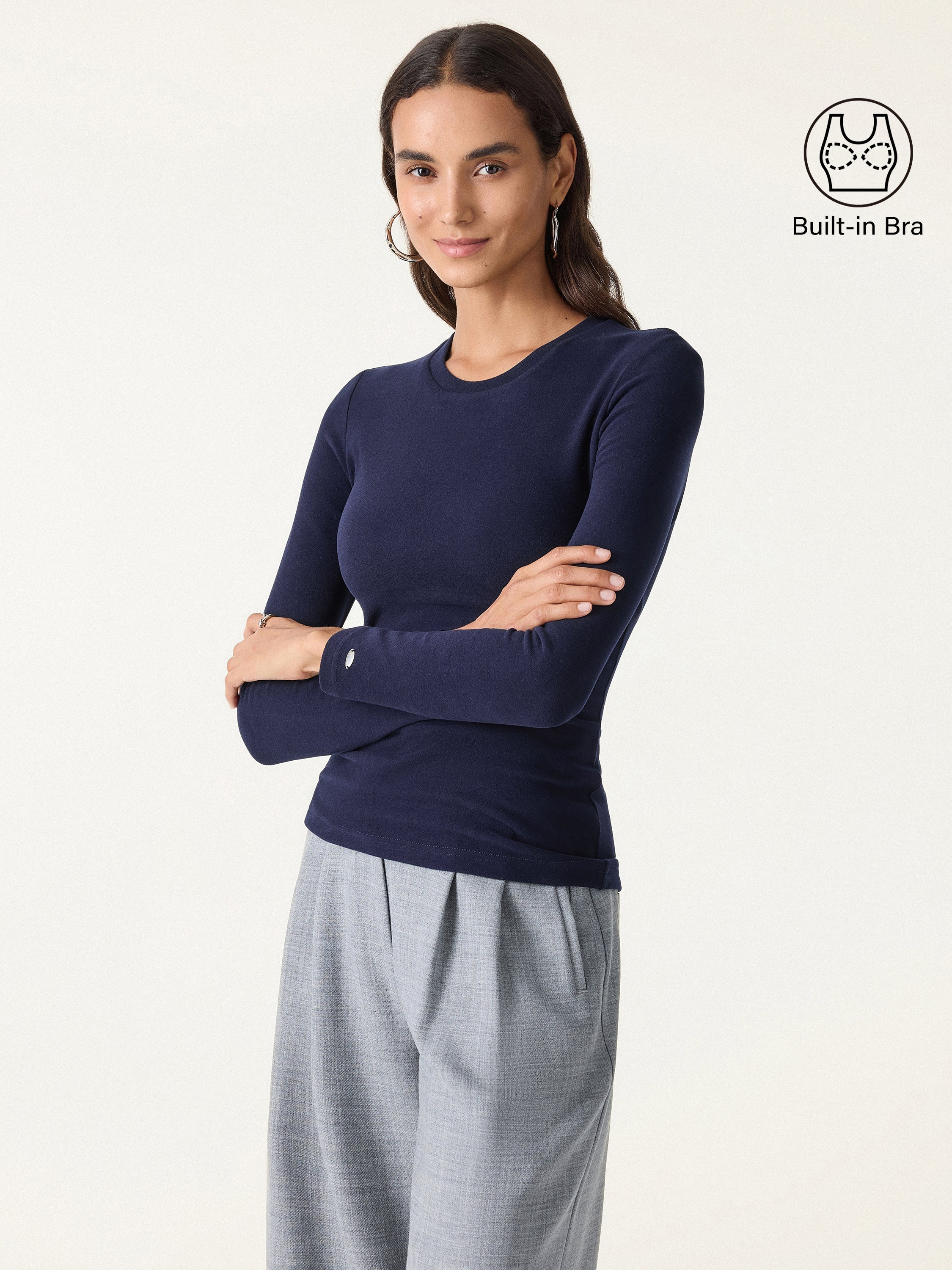 MaxWarm Crewneck Long Sleeve Brami Smoky Navy – Women > Tops > Bra Tops | FormaLuxe