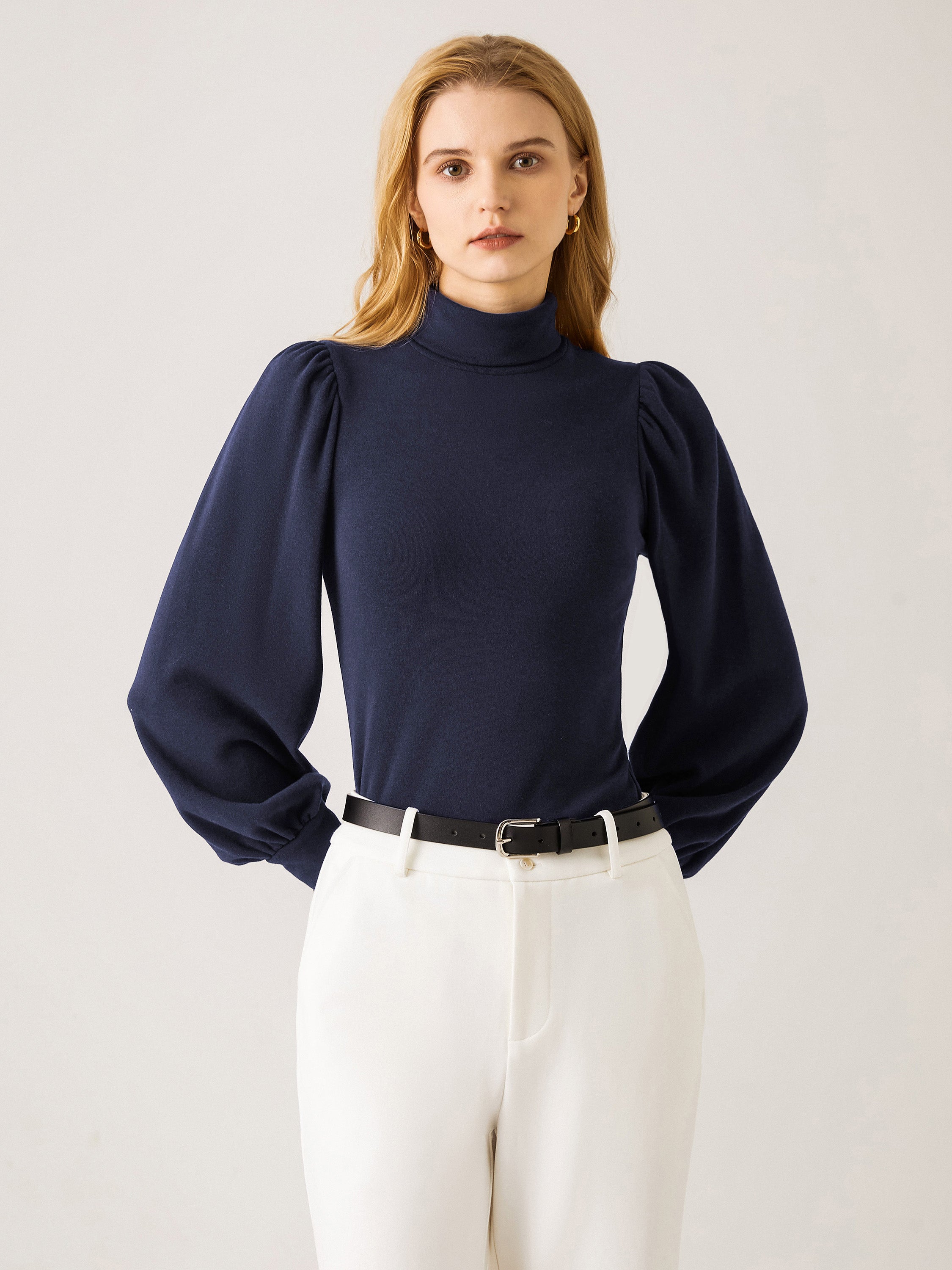 Haut à manches bouffantes à col roulé Eco-Mousse®2.0 Midnight Navy – Femmes > Hauts > Chemises&Hauts | FormaLuxe