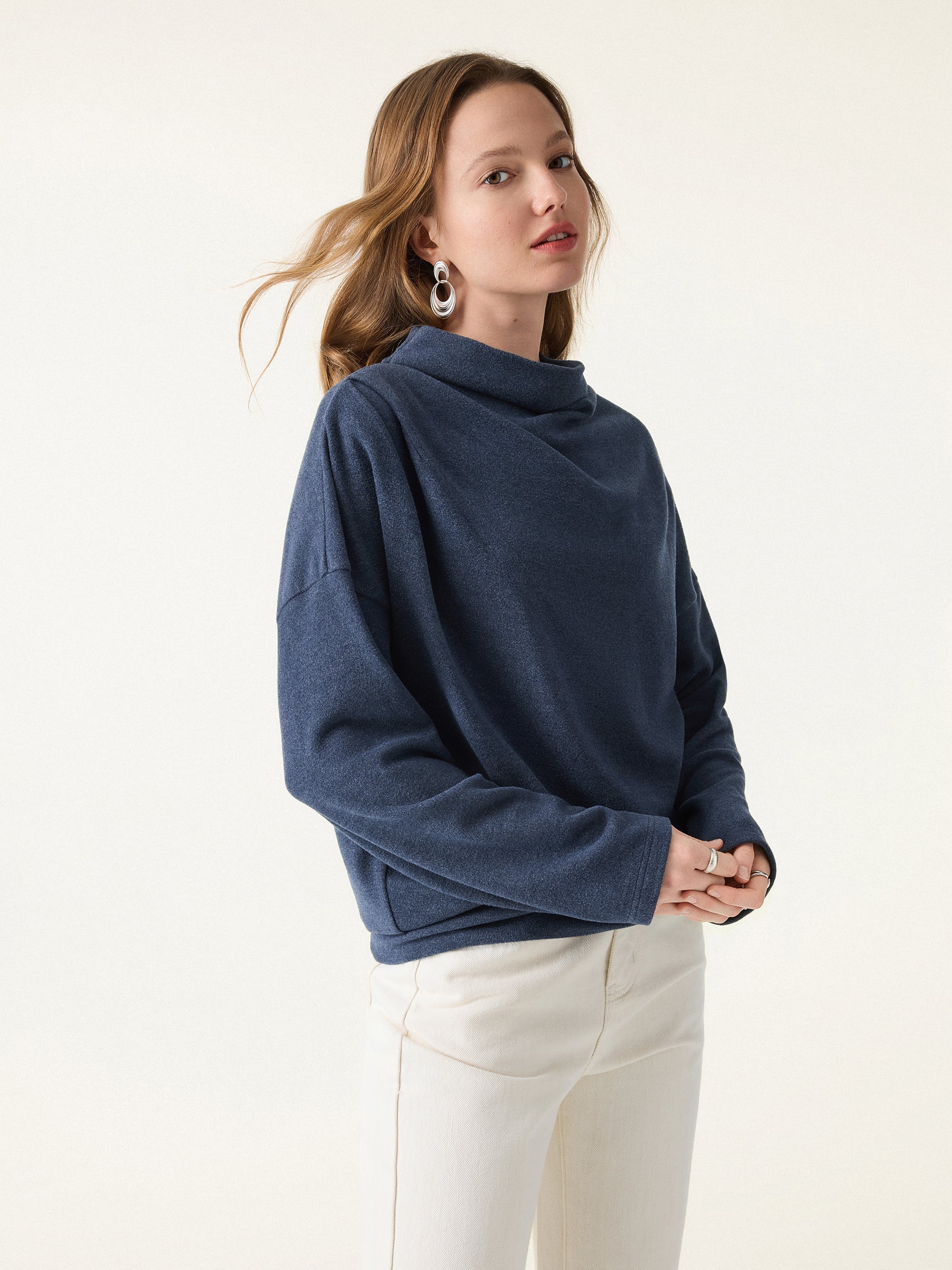 Cozy Relaxed Mockneck Top with Banded Hem Heather Indigo – Women > Tops > Shirts&Tops | FormaLuxe