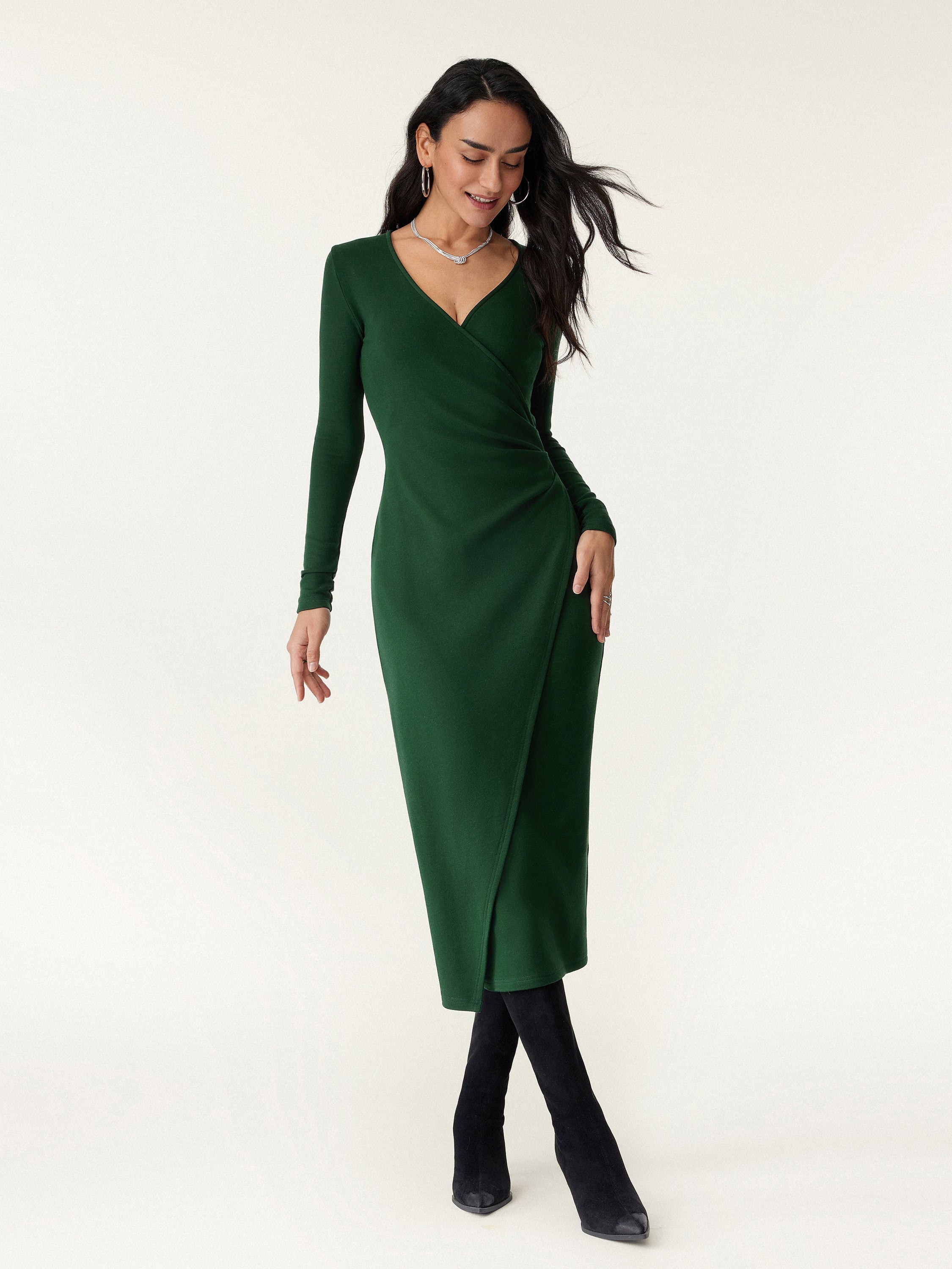 Surplice Wrap Long Sleeve Dress Bush Green – Women > Dresses > Midi Dresses | FormaLuxe