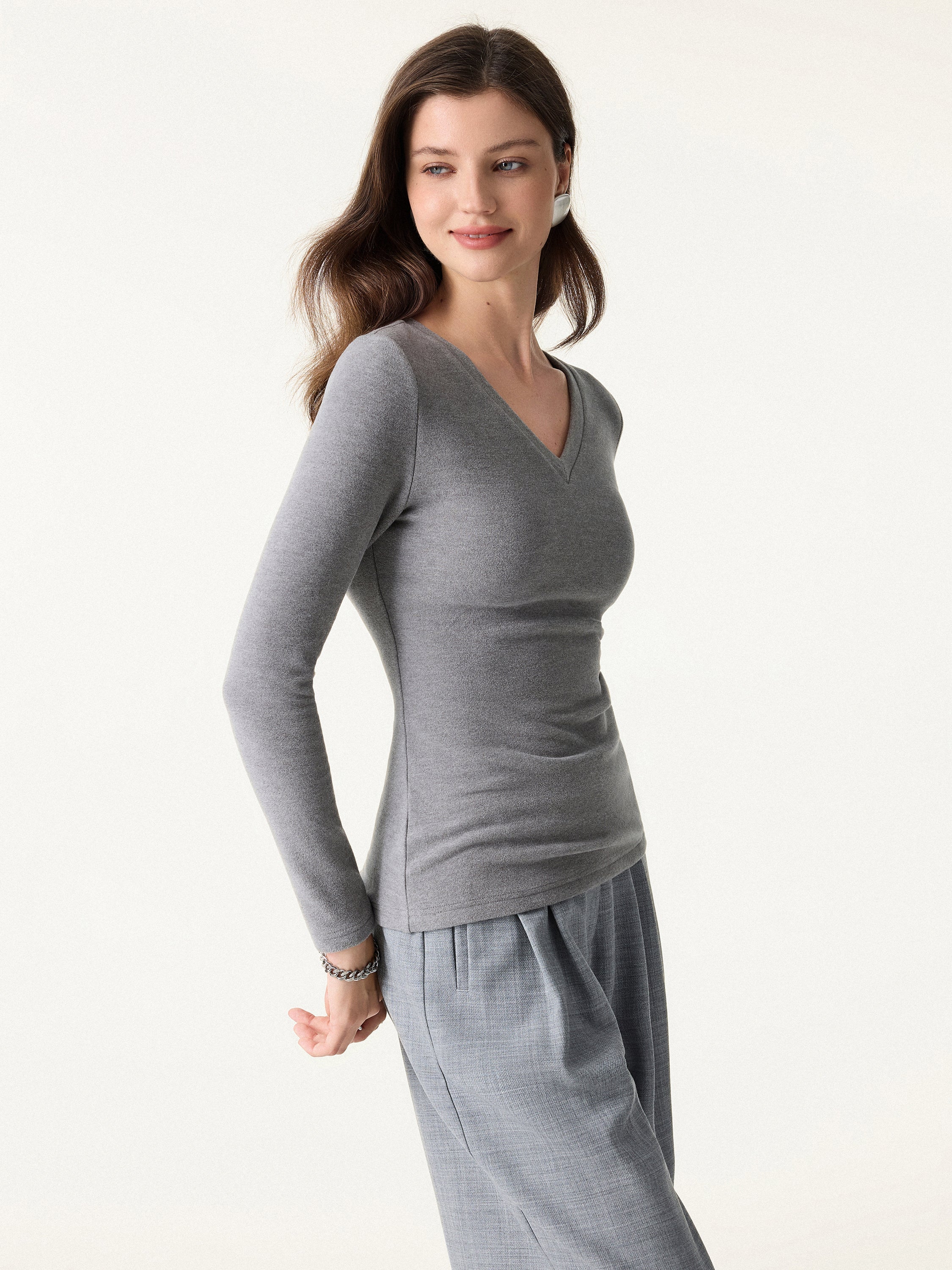 MaxWarm V-Neck Long Sleeve Brami Heather Grey – Women > Tops > Bra Tops | FormaLuxe