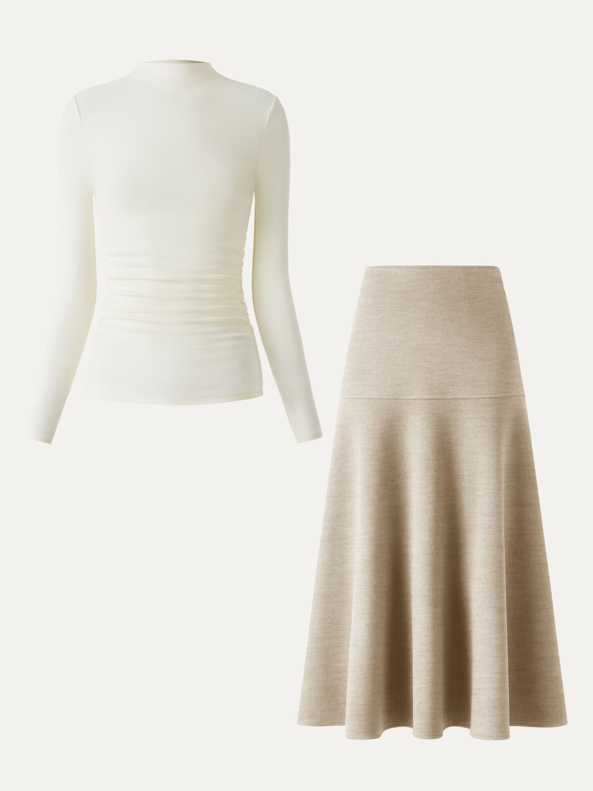 2Pcs Set Ruched Sides Tuckable Mockneck Top & Flared Maxi Skirt Off White/Heather Morganite – Women > Bundles&Sets > Bundles | FormaLuxe