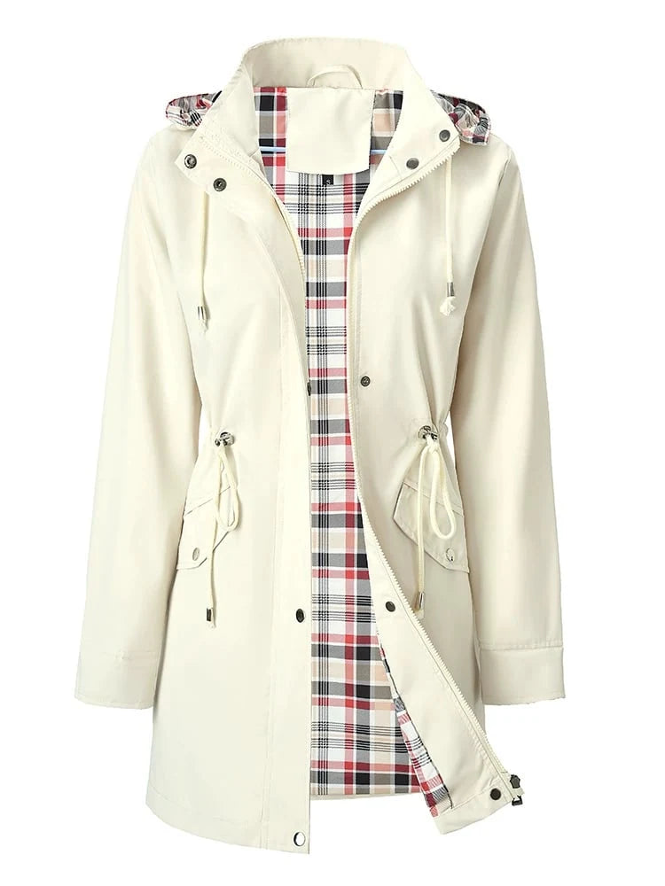 Regenjacke Damen Liv in Weiß – Kapuze und Karofutter | FormaLuxe