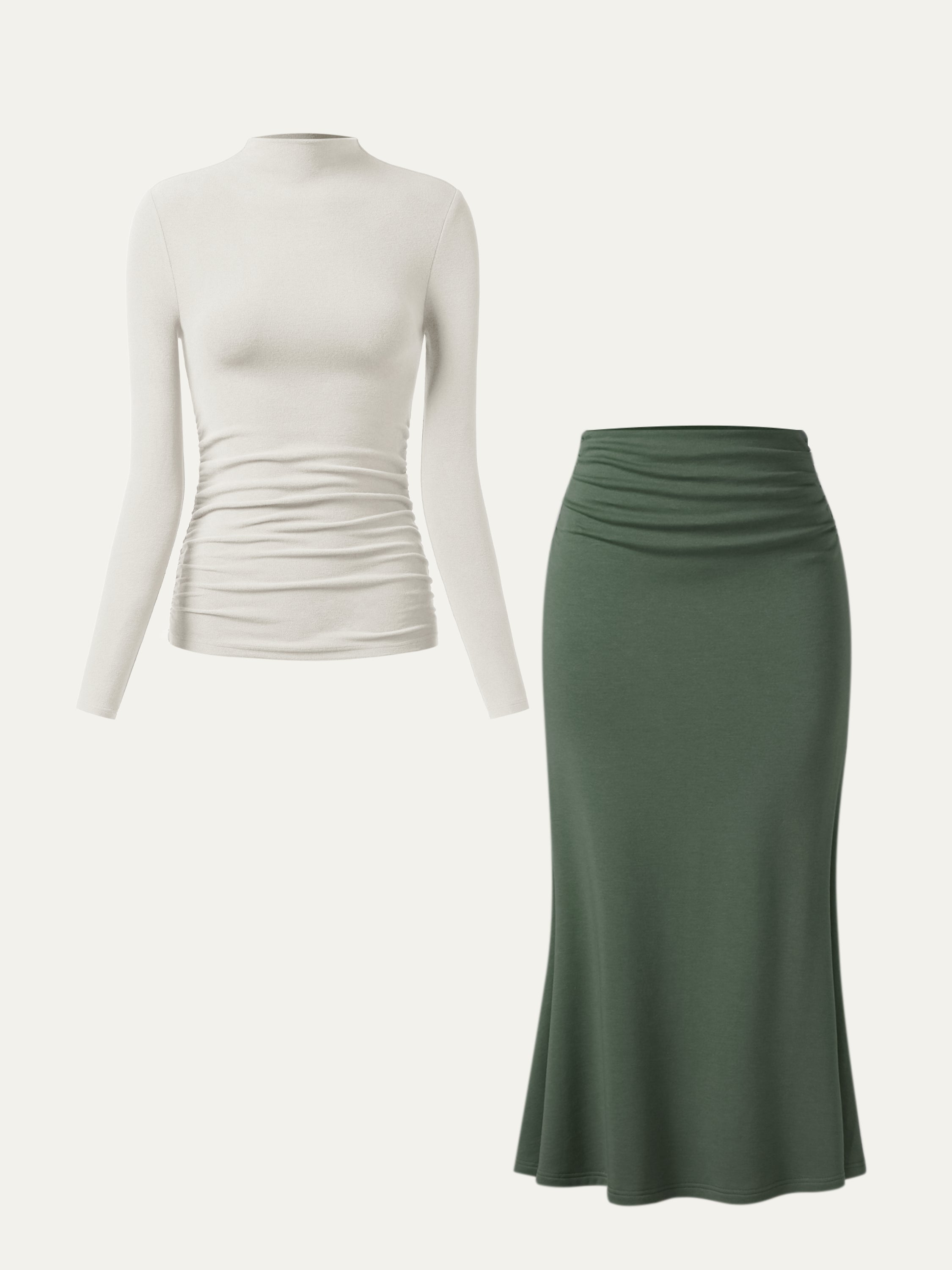 2Pcs Set Ruched Sides Mockneck Top & Mermaid Maxi Skirt Off White/Moss – Women > Bundles&Sets > Bundles | FormaLuxe