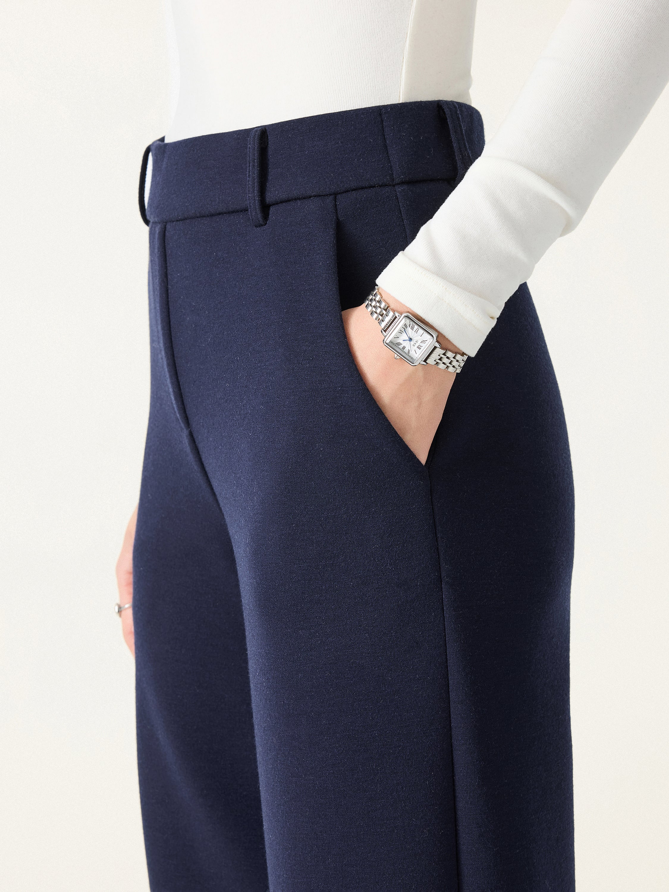 Stretchy Mid Rise Straight Leg Pull-on Pants with Pockets Universe Navy – Women > Bottoms > Pants | FormaLuxe