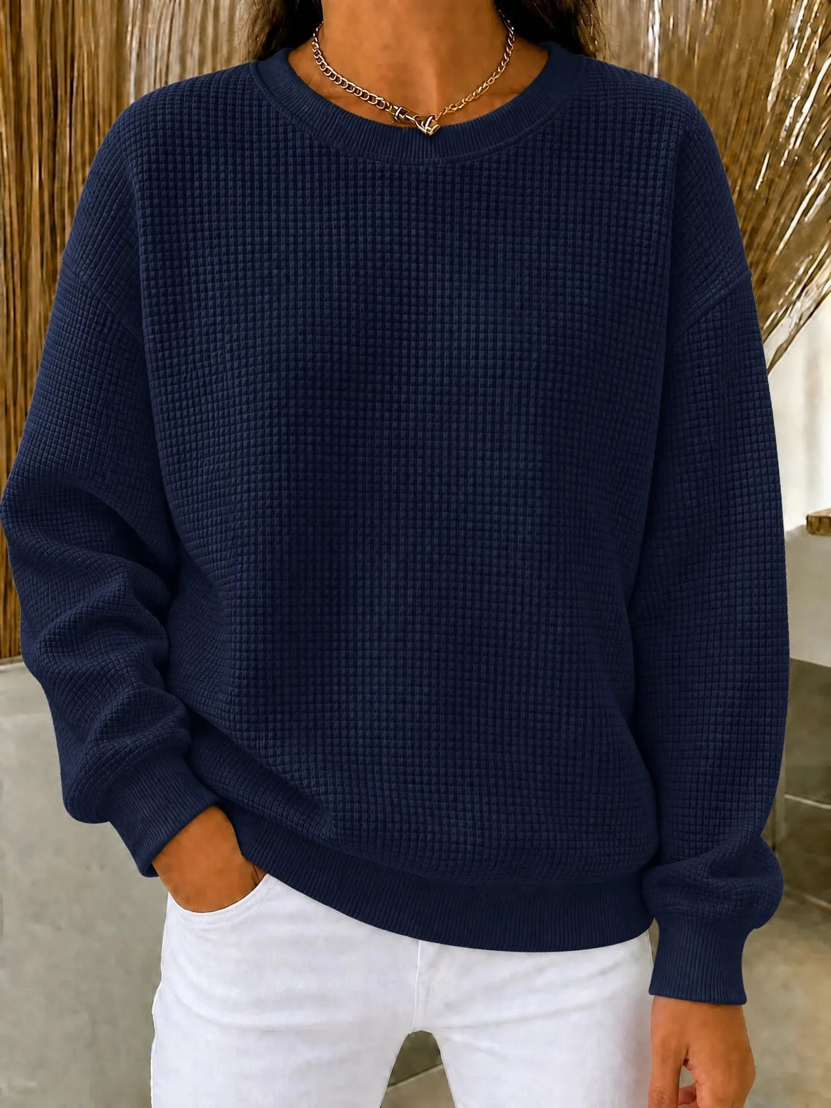 Waffelstrick-Pullover Damen Mila in Marineblau – Waffelstruktur und Rundhalsausschnitt | FormaLuxe