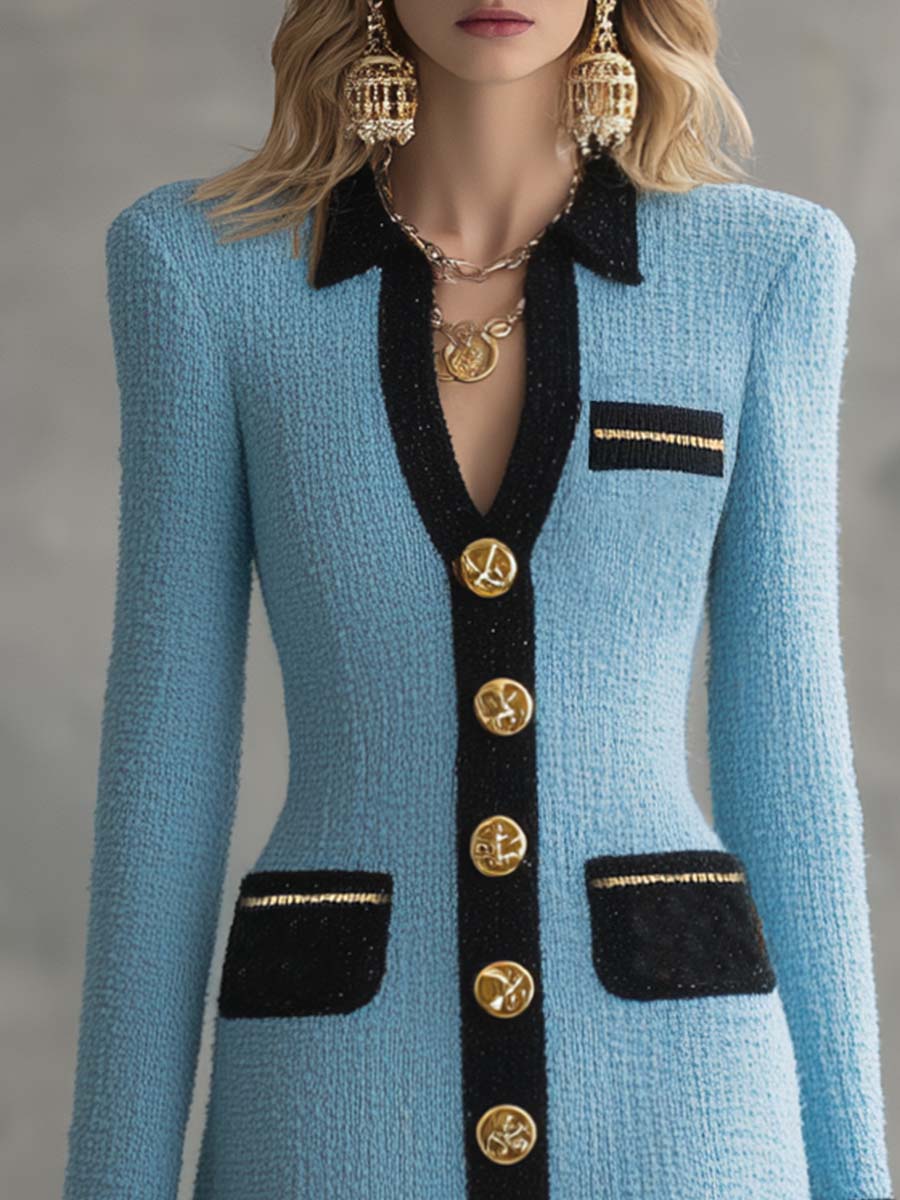 Vintage-Klassiker mit V-Ausschnitt, Metallknöpfen vorne, schwarzer Verzierung und himmelblauem Tweed-Minikleid – Mini Dresses | FormaLuxe
