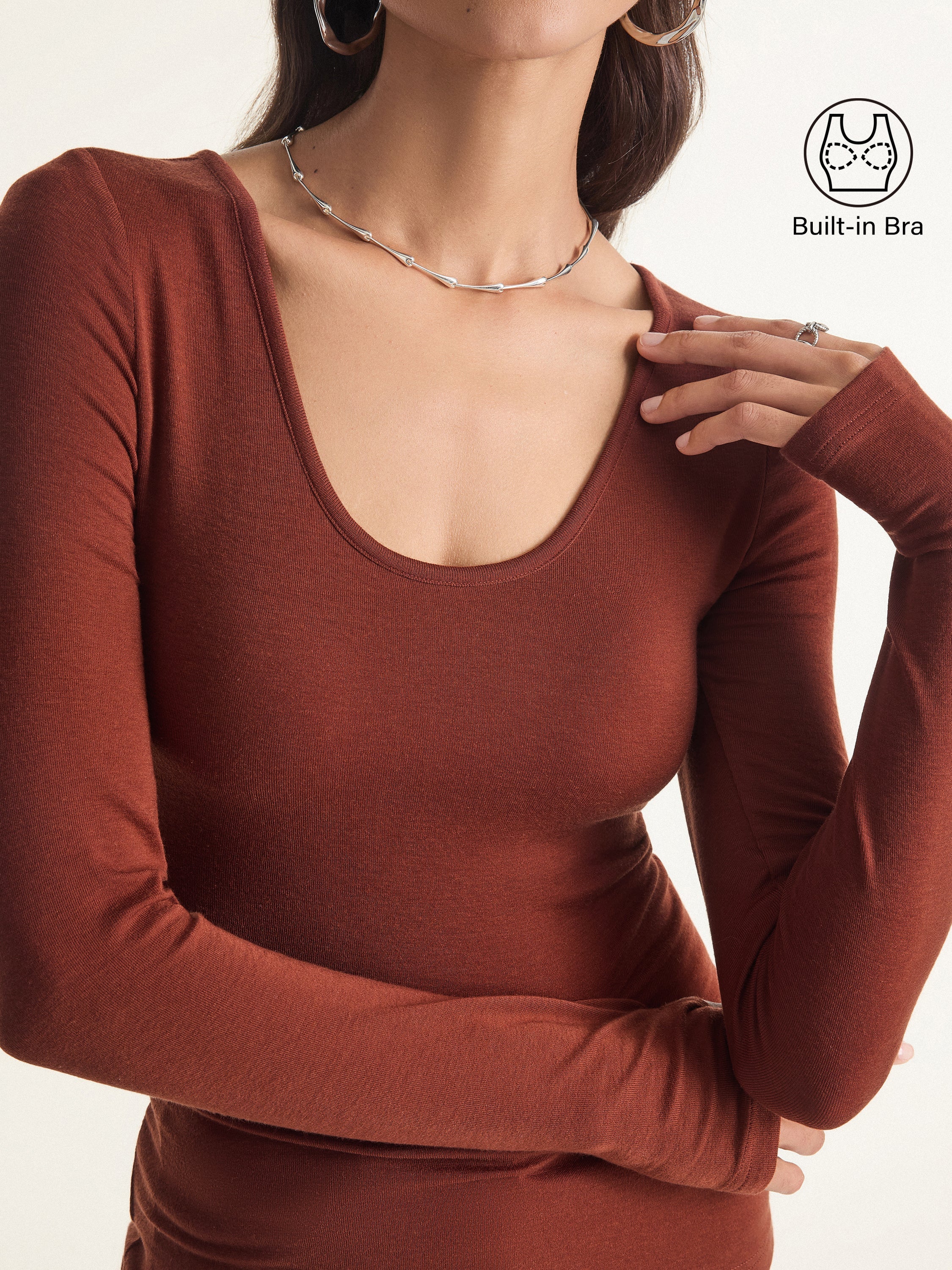 Lyocell Cashmere Scoop Neck Thumbhole Brami Rust Orange – Women > Tops > Bra Tops | FormaLuxe