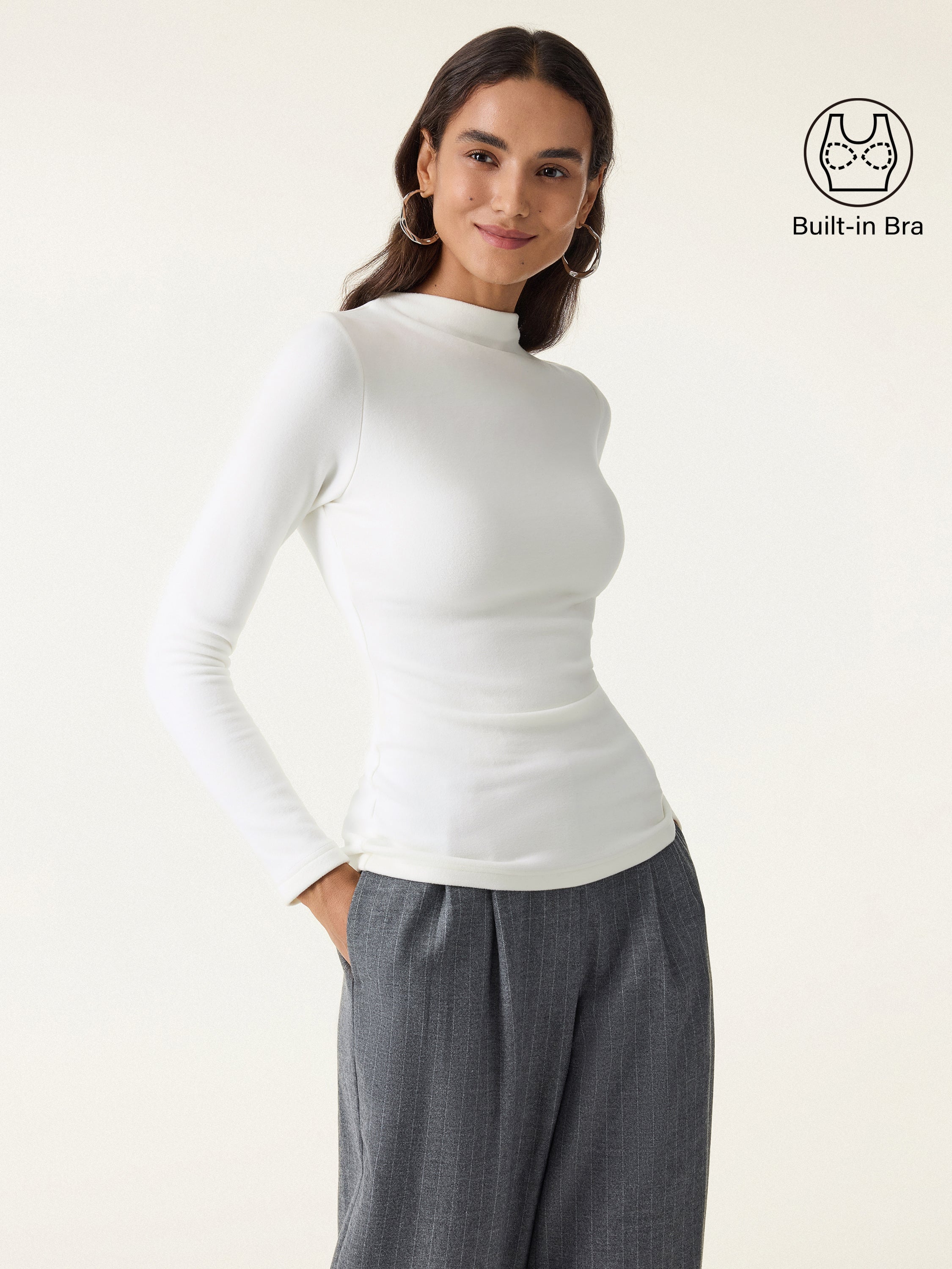 MaxWarm Brushed Mockneck Long Sleeve Brami White – Women > Tops > Bra Tops | FormaLuxe