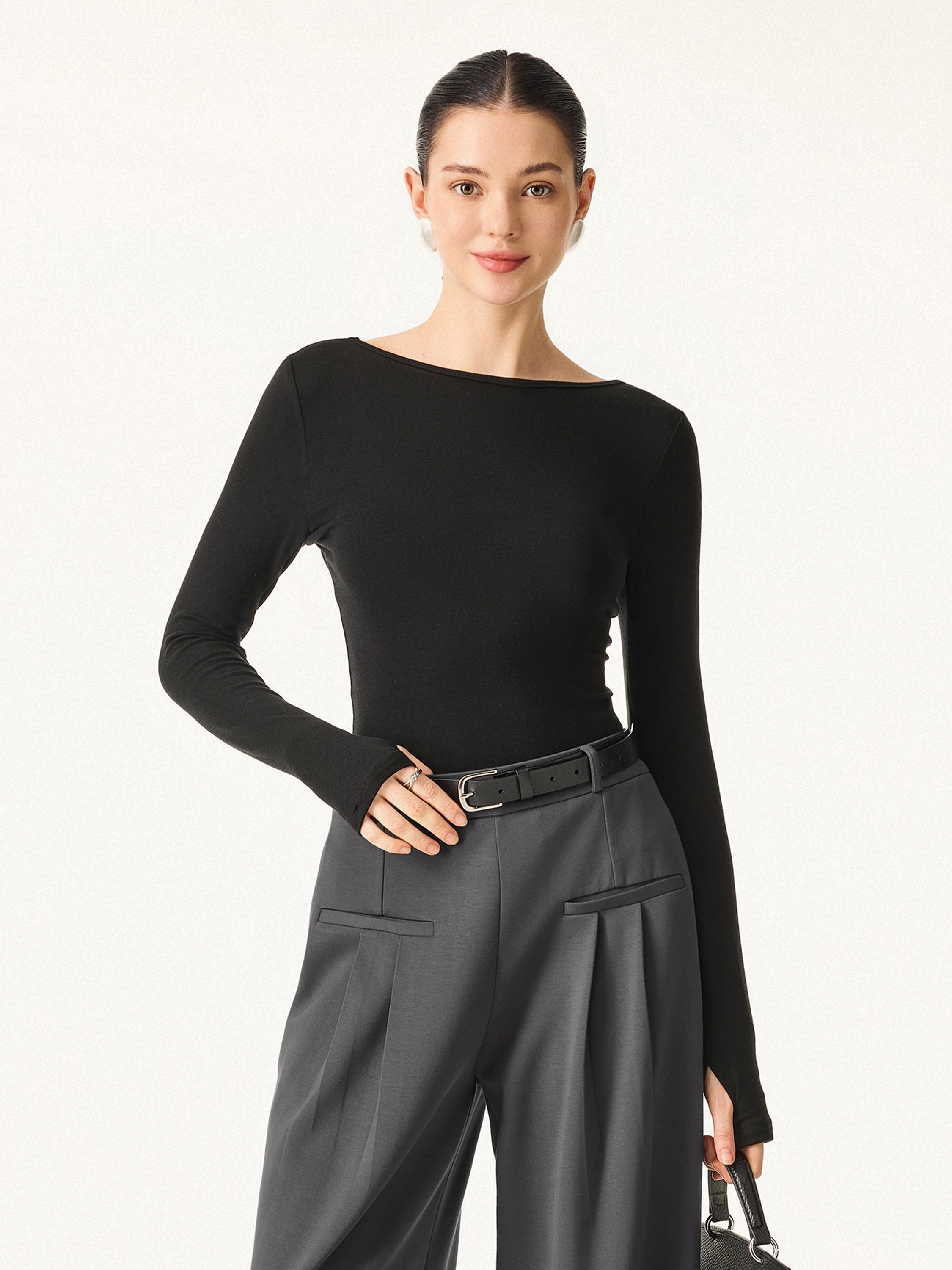 Essential Lyocell Cashmere Multi-Wear Long Sleeve Top with Thumbholes Black – Women > Tops > Shirts&Tops | FormaLuxe