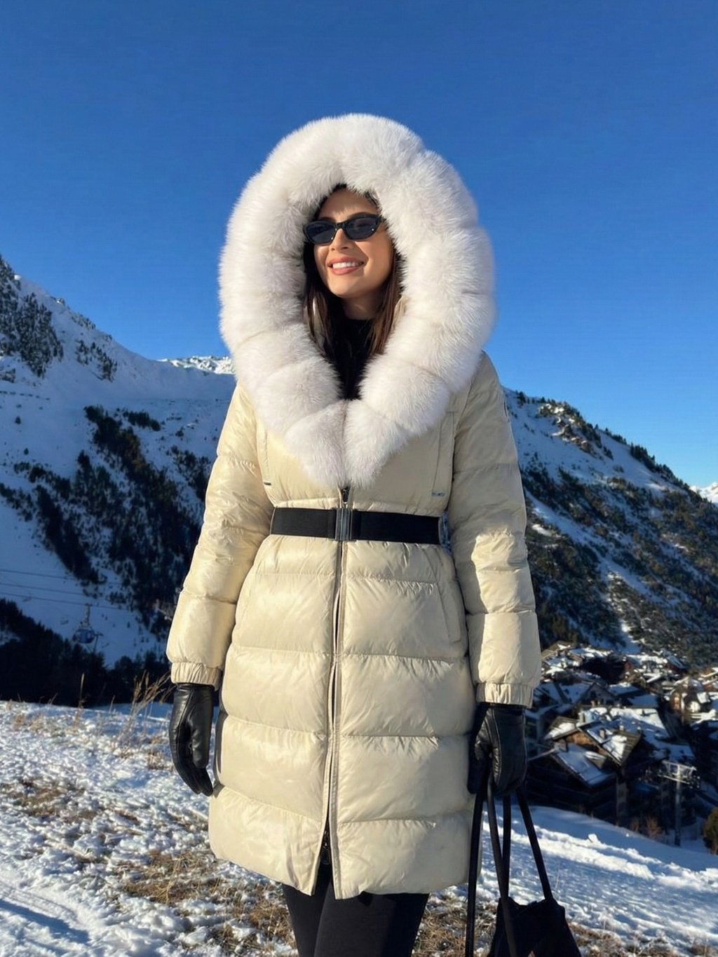 Jane | Doudoune longue ceinturée à capuche en fausse fourrure Blanc | FormaLuxe