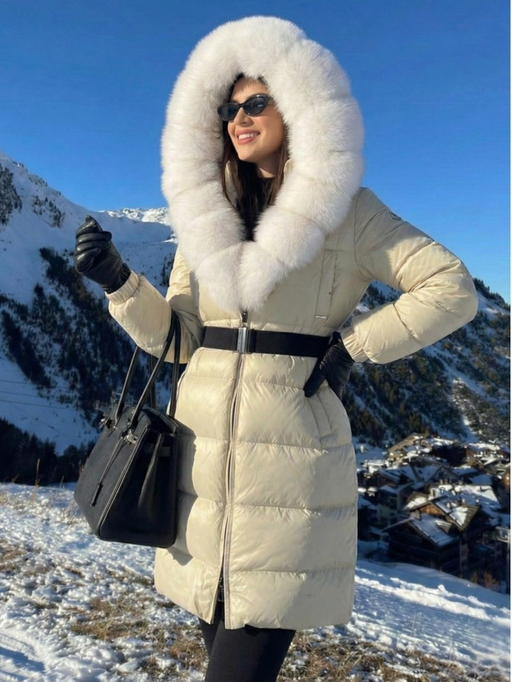 Jane | Doudoune longue ceinturée à capuche en fausse fourrure Blanc | FormaLuxe