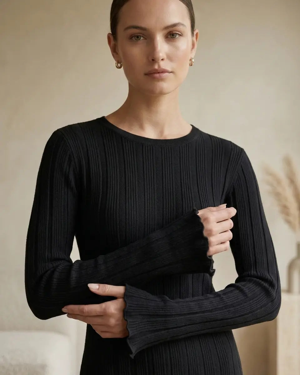 Vivienne – Schwarzes, geripptes Maxikleid aus Strick – Bekleidung > Kleider | FormaLuxe