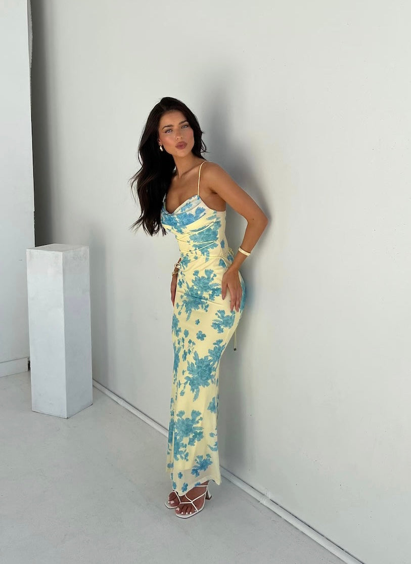 Indie | Ärmelloses Maxikleid mit Blumenmuster Yellow/Blue | FormaLuxe