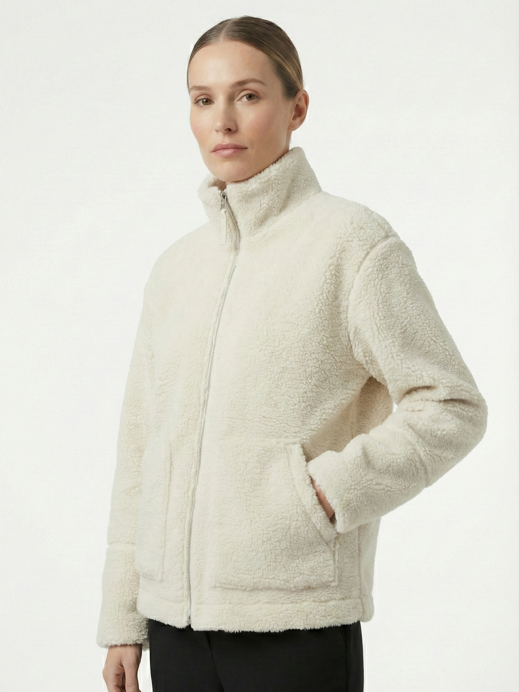 Maddy | Veste imperméable zippée en polaire Teddy à col montant Blanc | FormaLuxe