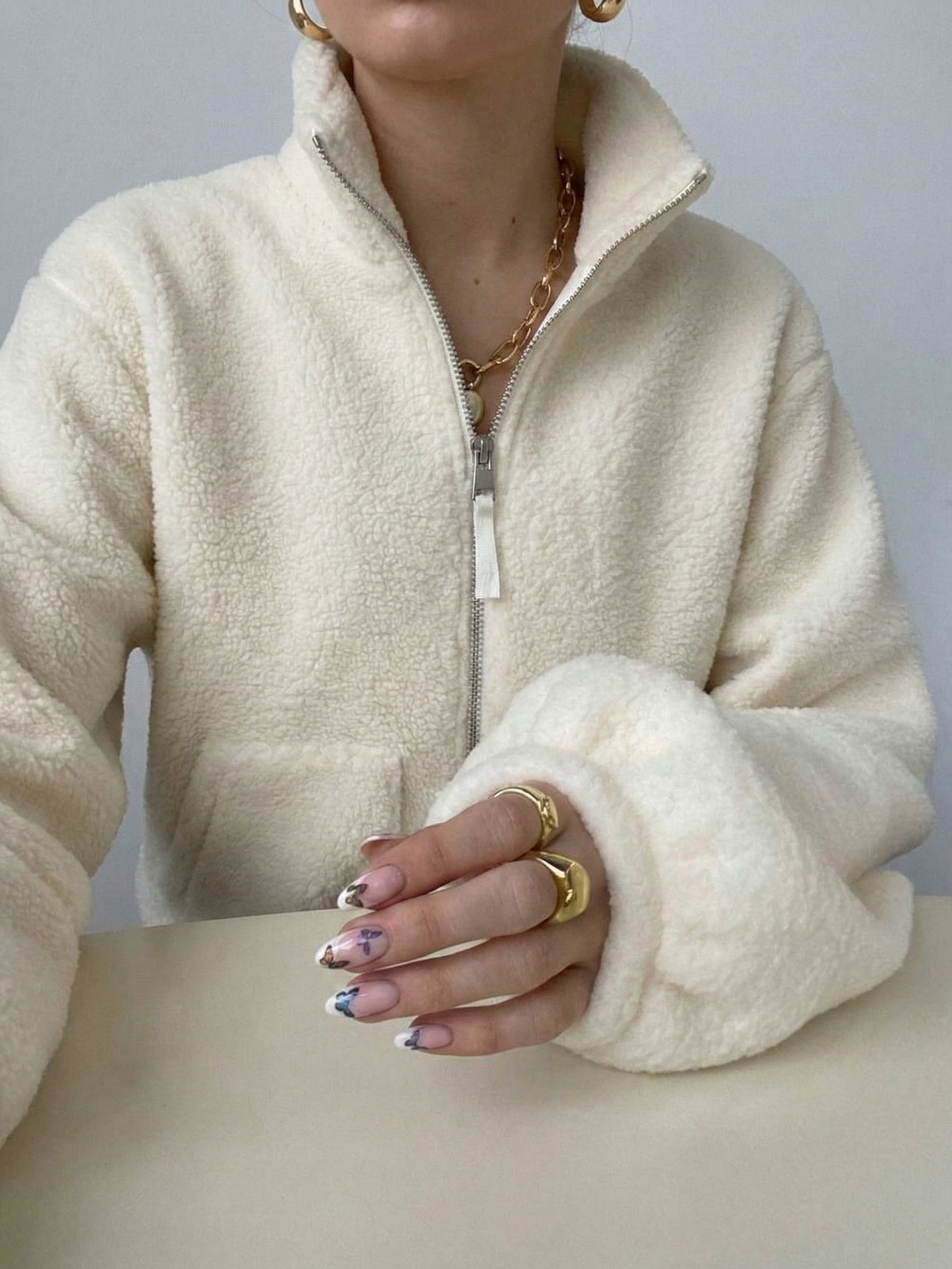 Maddy | Veste imperméable zippée en polaire Teddy à col montant Blanc | FormaLuxe