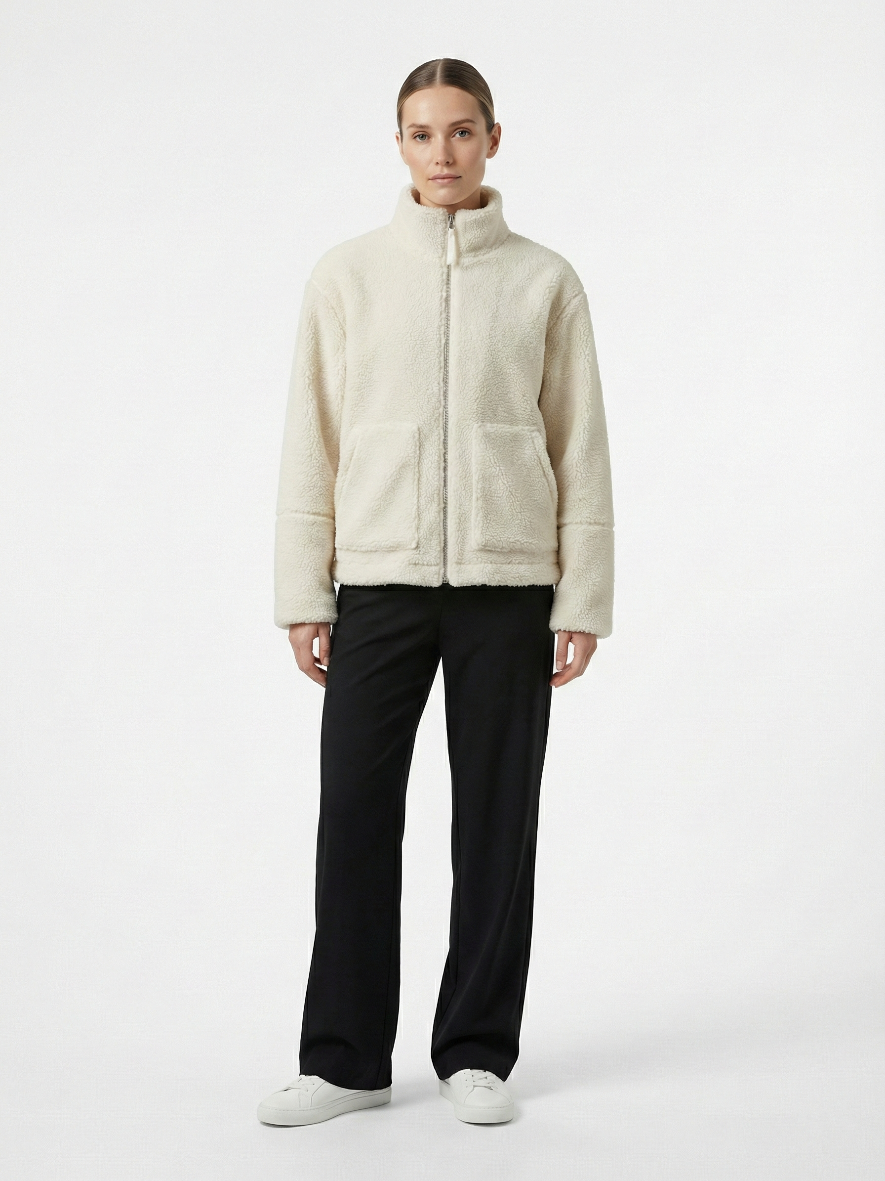 Maddy | Veste imperméable zippée en polaire Teddy à col montant Blanc | FormaLuxe