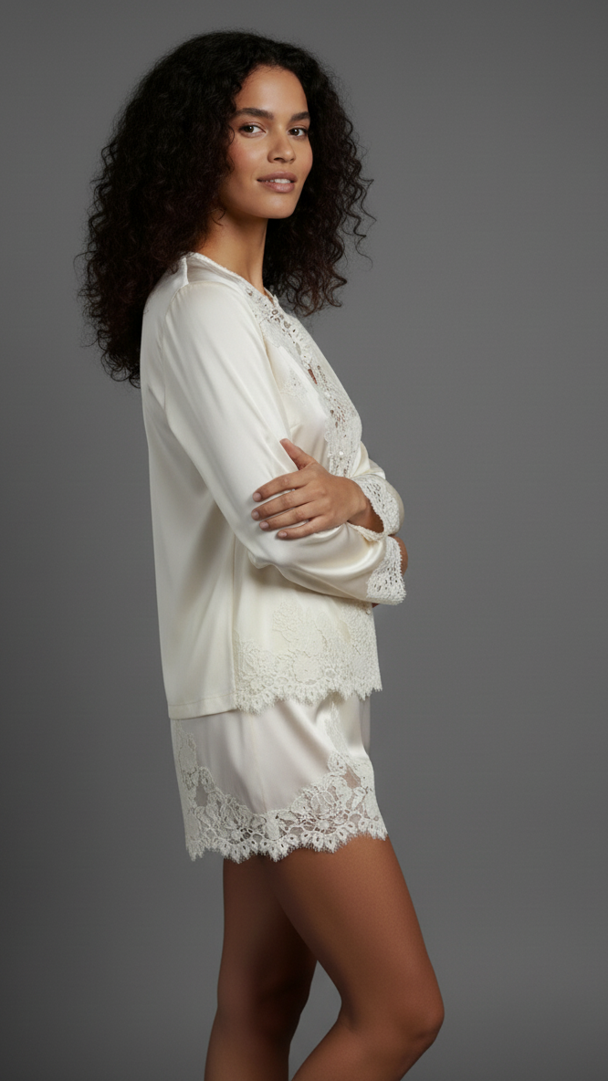 Satin-Pyjama mit zarter Spitze Shorts-Set – Shorts Sets | FormaLuxe