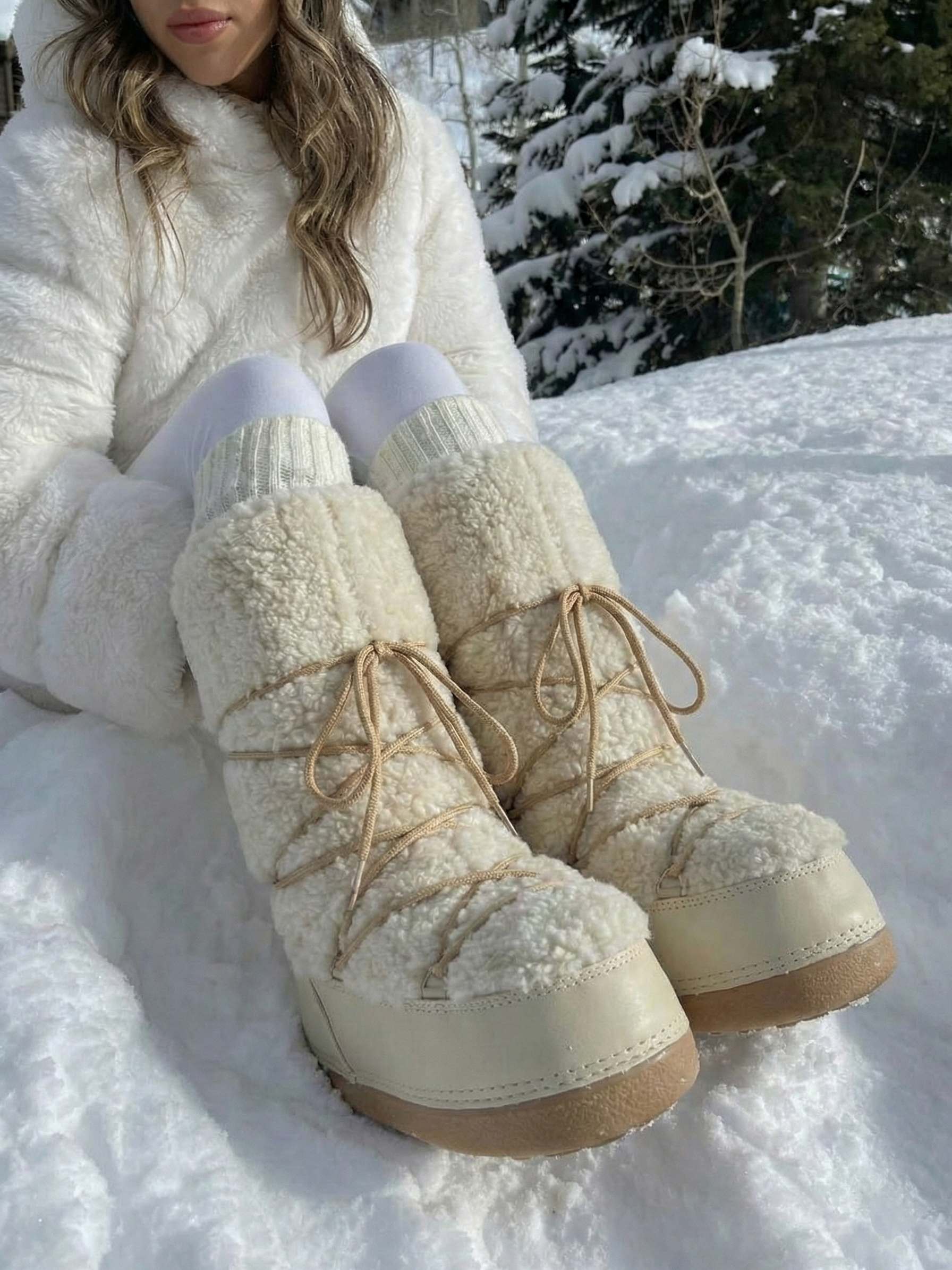 Bottes hautes confortables à lacets couleur crème pour femmes Blanc cassé – Bottes de neige confortables à lacets, couleur crème, pour femmes | FormaLuxe