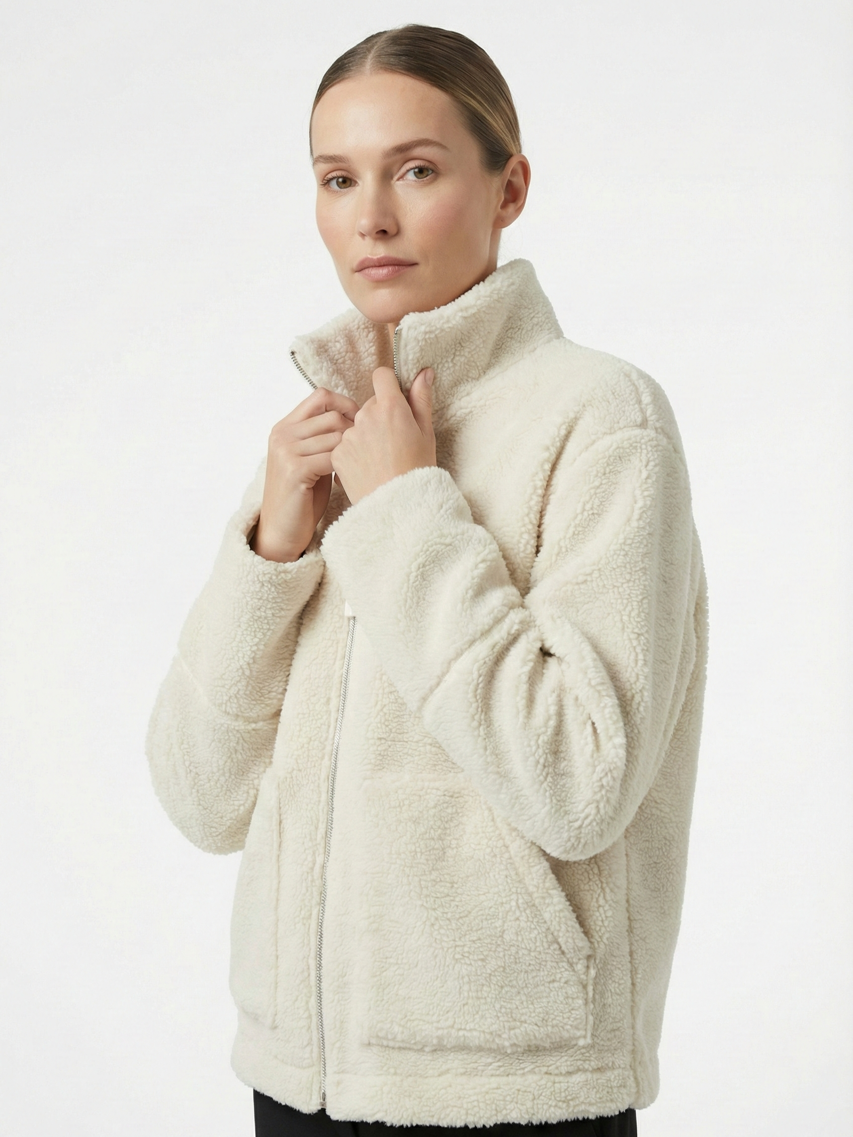 Maddy | Veste imperméable zippée en polaire Teddy à col montant Blanc | FormaLuxe