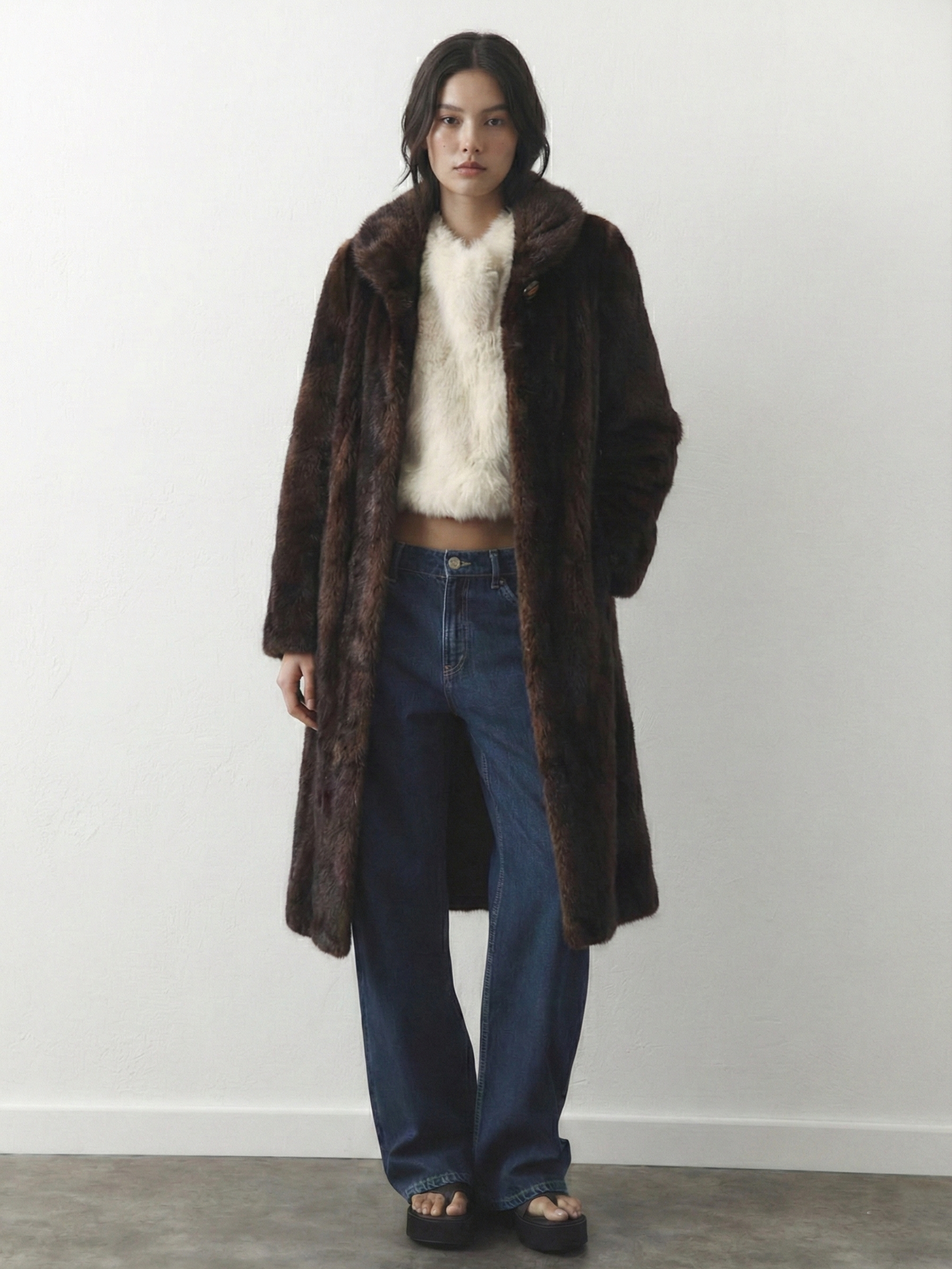 Scarlet | Manteau maxi en fausse fourrure Brun foncé | FormaLuxe