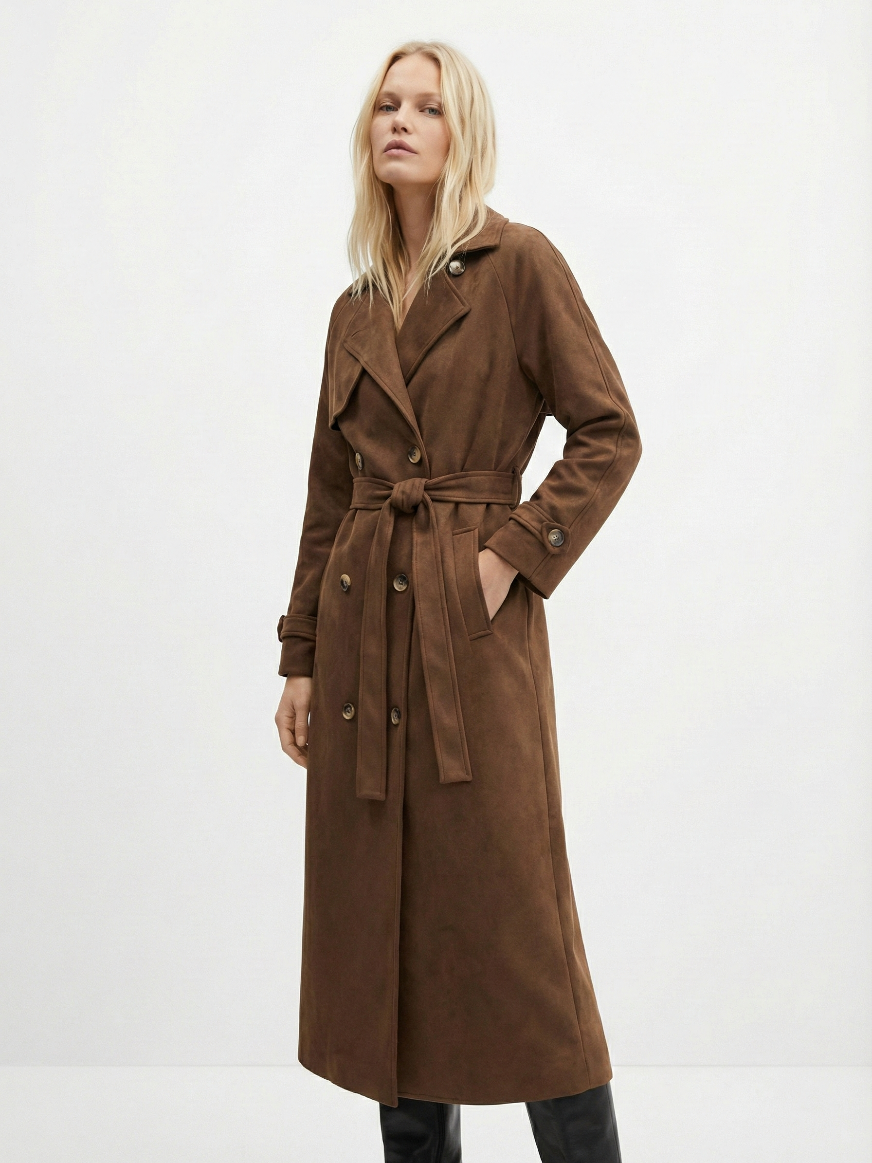 Molly | Long trench-coat en daim ceinturé Brun | FormaLuxe