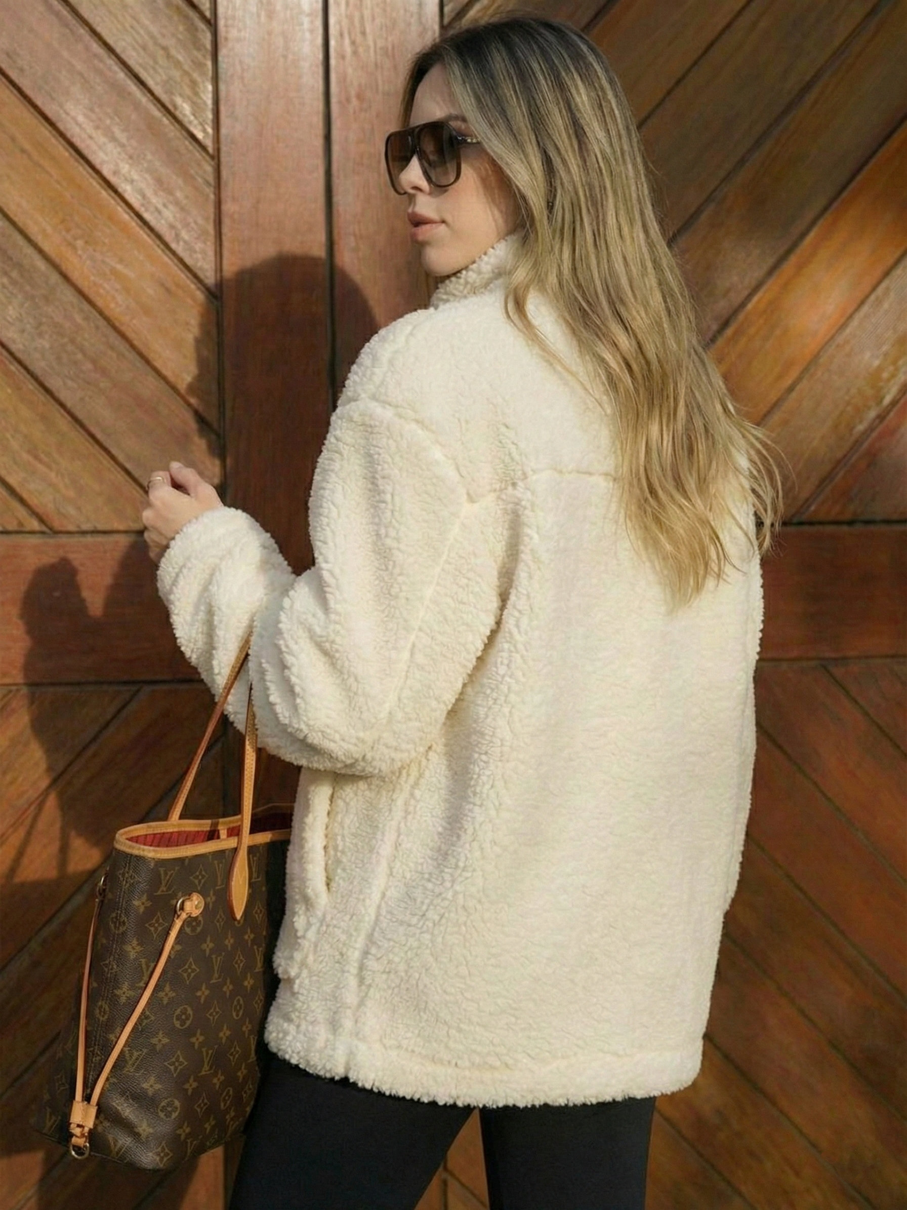 Maddy | Veste imperméable zippée en polaire Teddy à col montant Blanc | FormaLuxe
