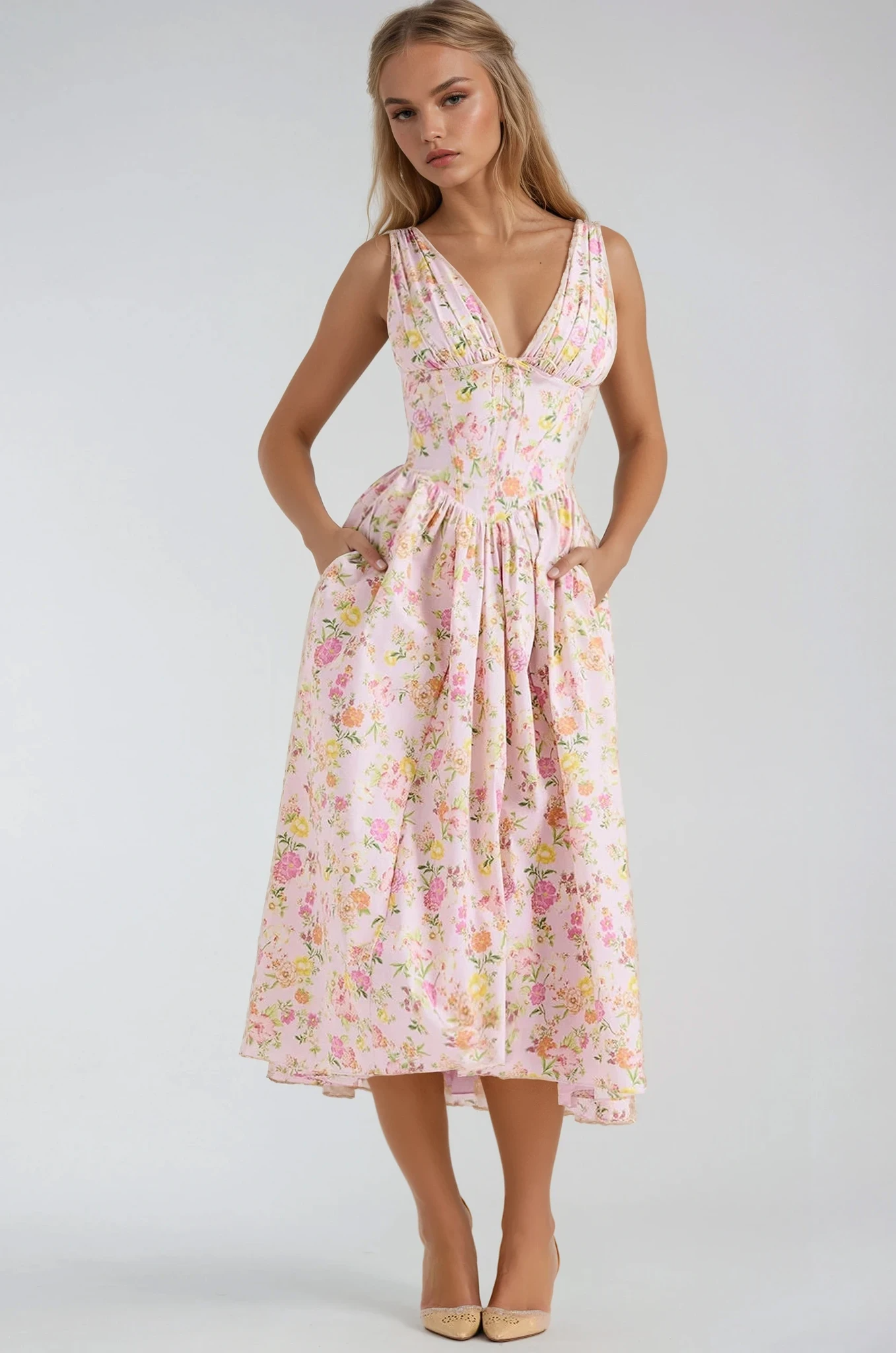 Aurora | Elegantes Sommerkleid Gelb mit Blumenmuster | FormaLuxe