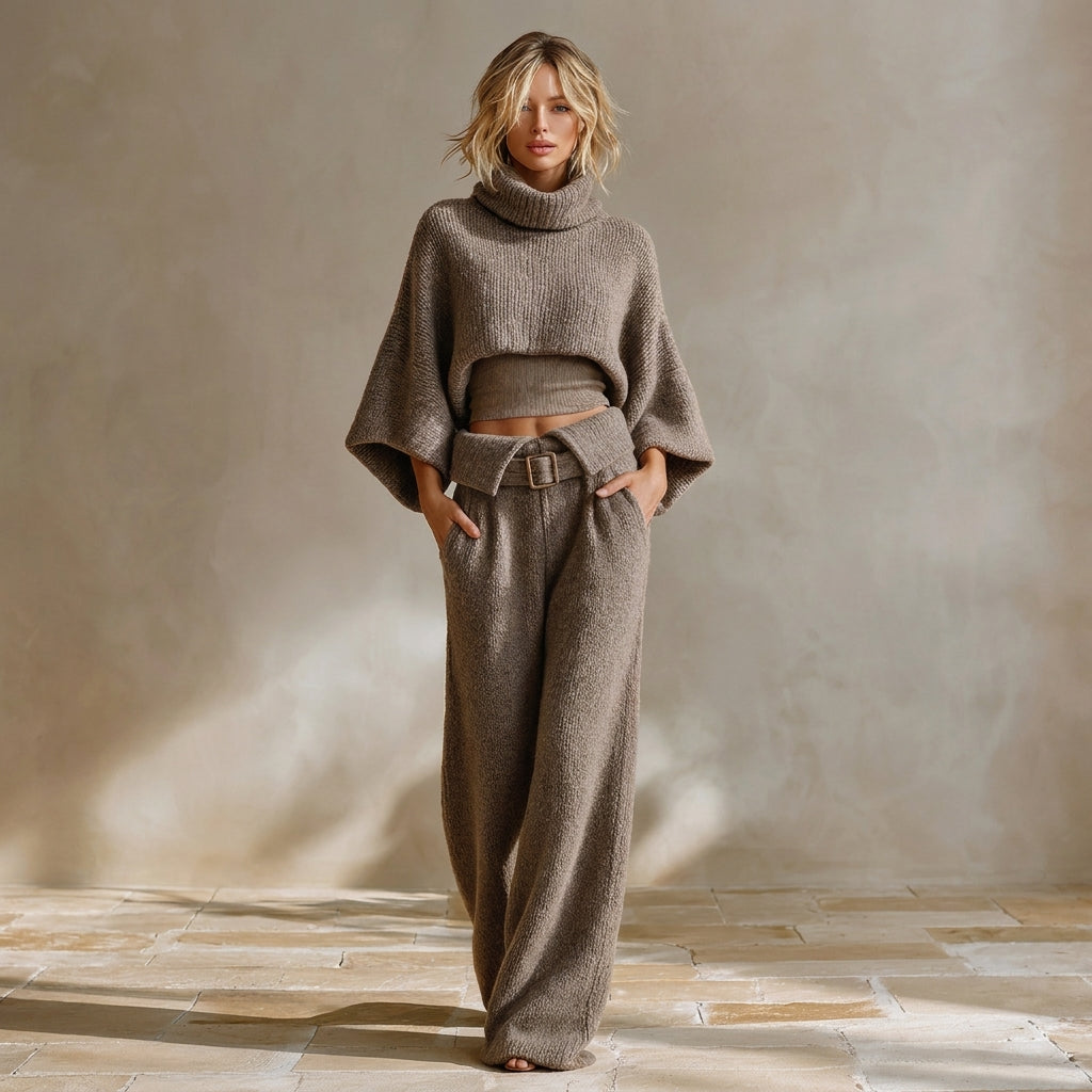 Aveline | Zweiteiliges Strick-Set mit Stehkragen & weiter Hose