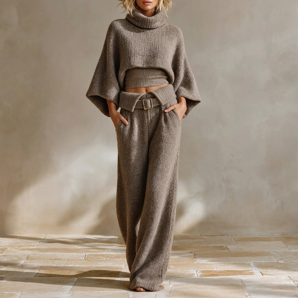 Aveline | Zweiteiliges Strick-Set mit Stehkragen & weiter Hose