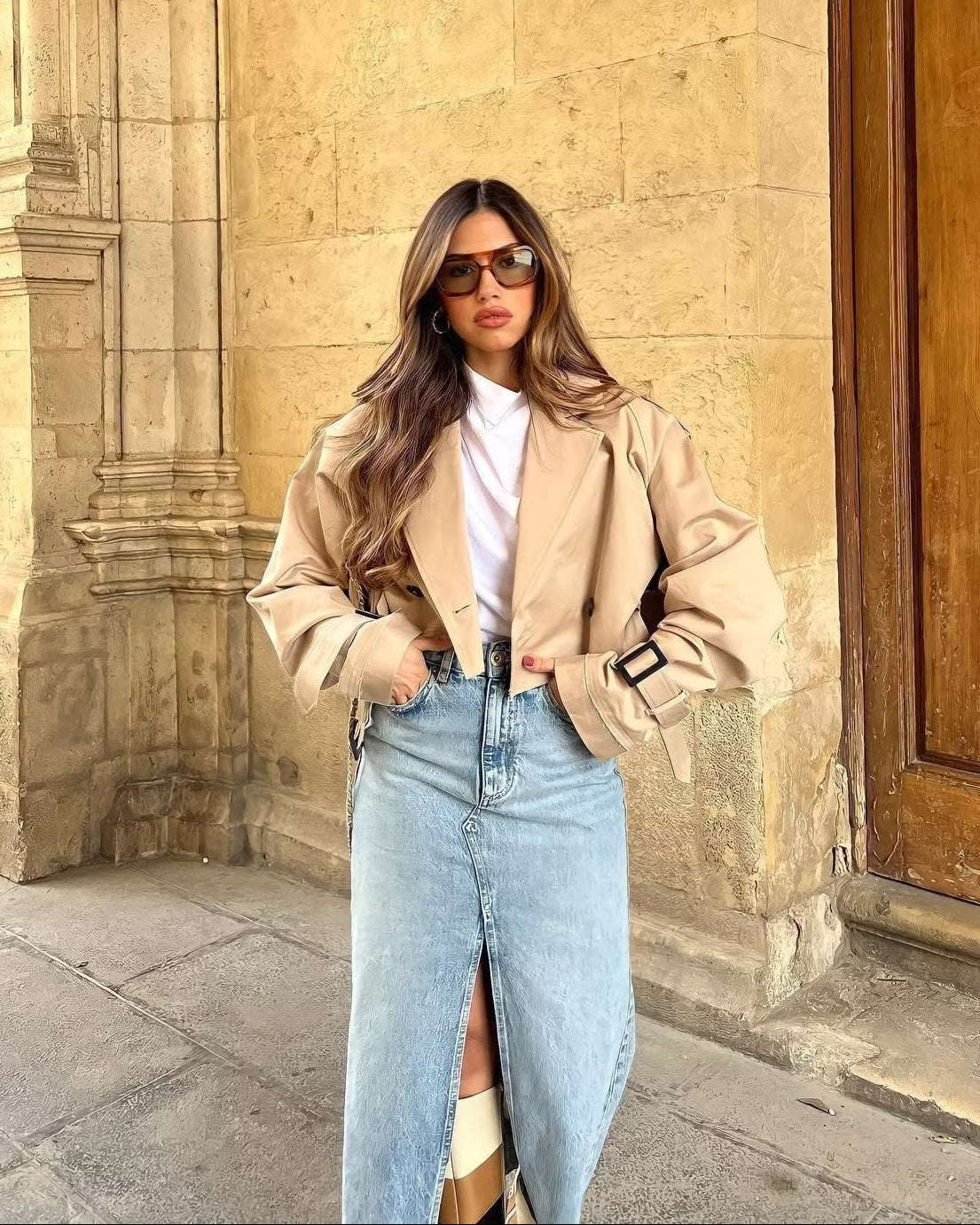 Lylah | Cropped Belted Trench Coat Khaki | FormaLuxe