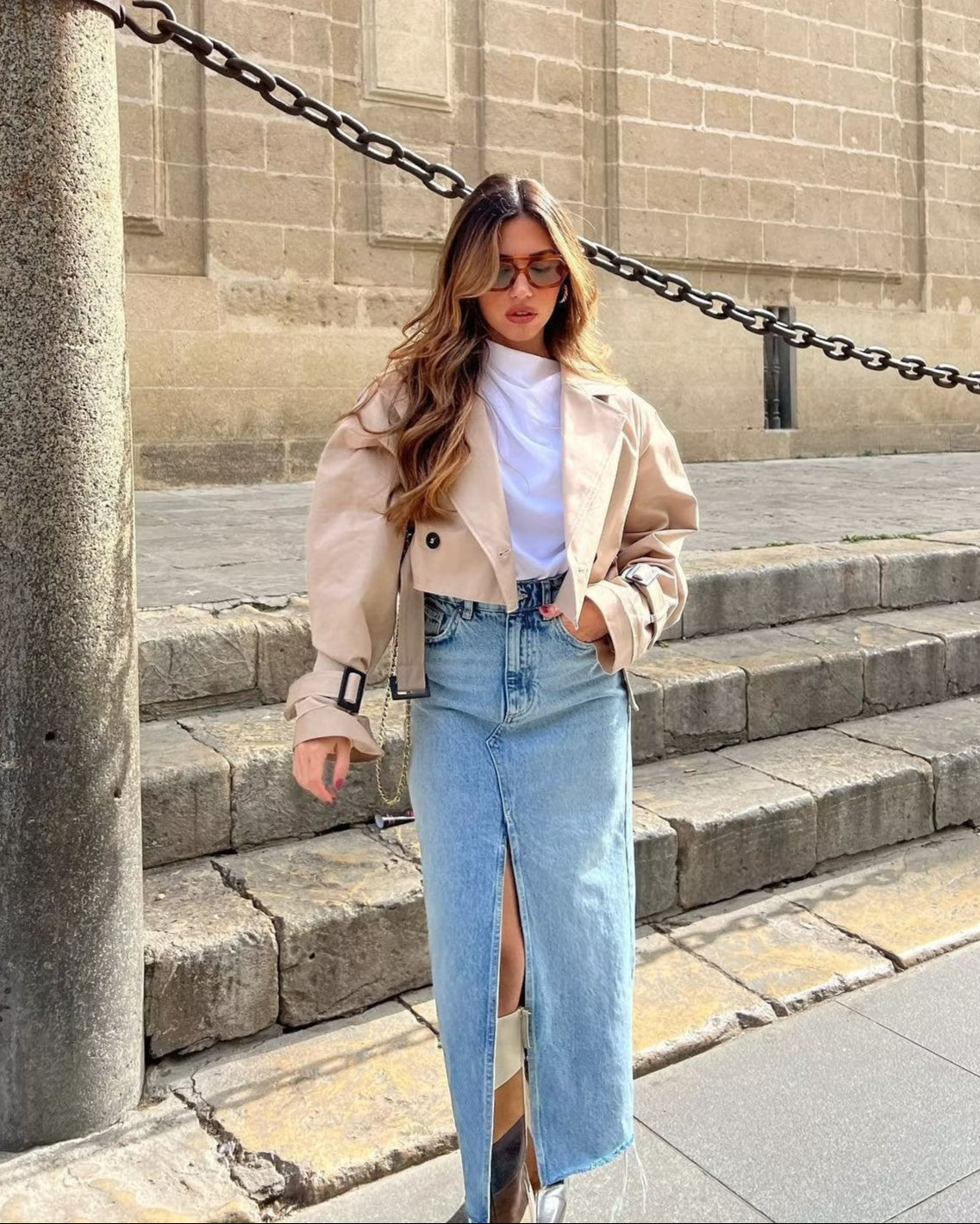 Lylah | Cropped Belted Trench Coat Khaki | FormaLuxe