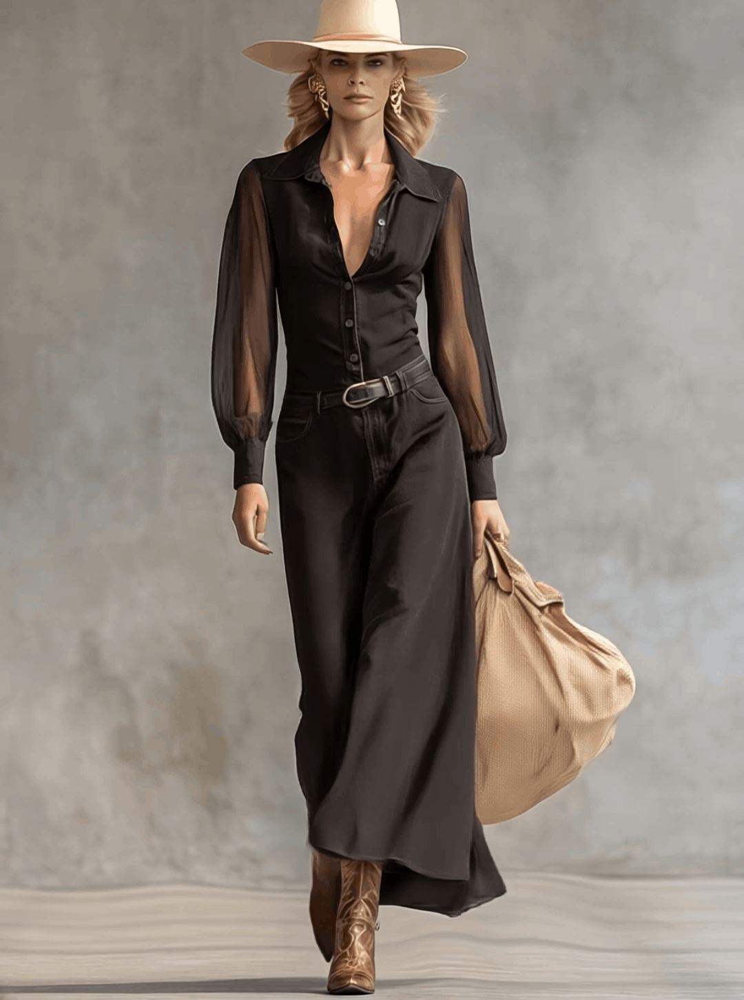 Denim-Maxikleid in Schwarz — V-Ausschnitt, lange Ärmel Black – Maxi Dresses | FormaLuxe