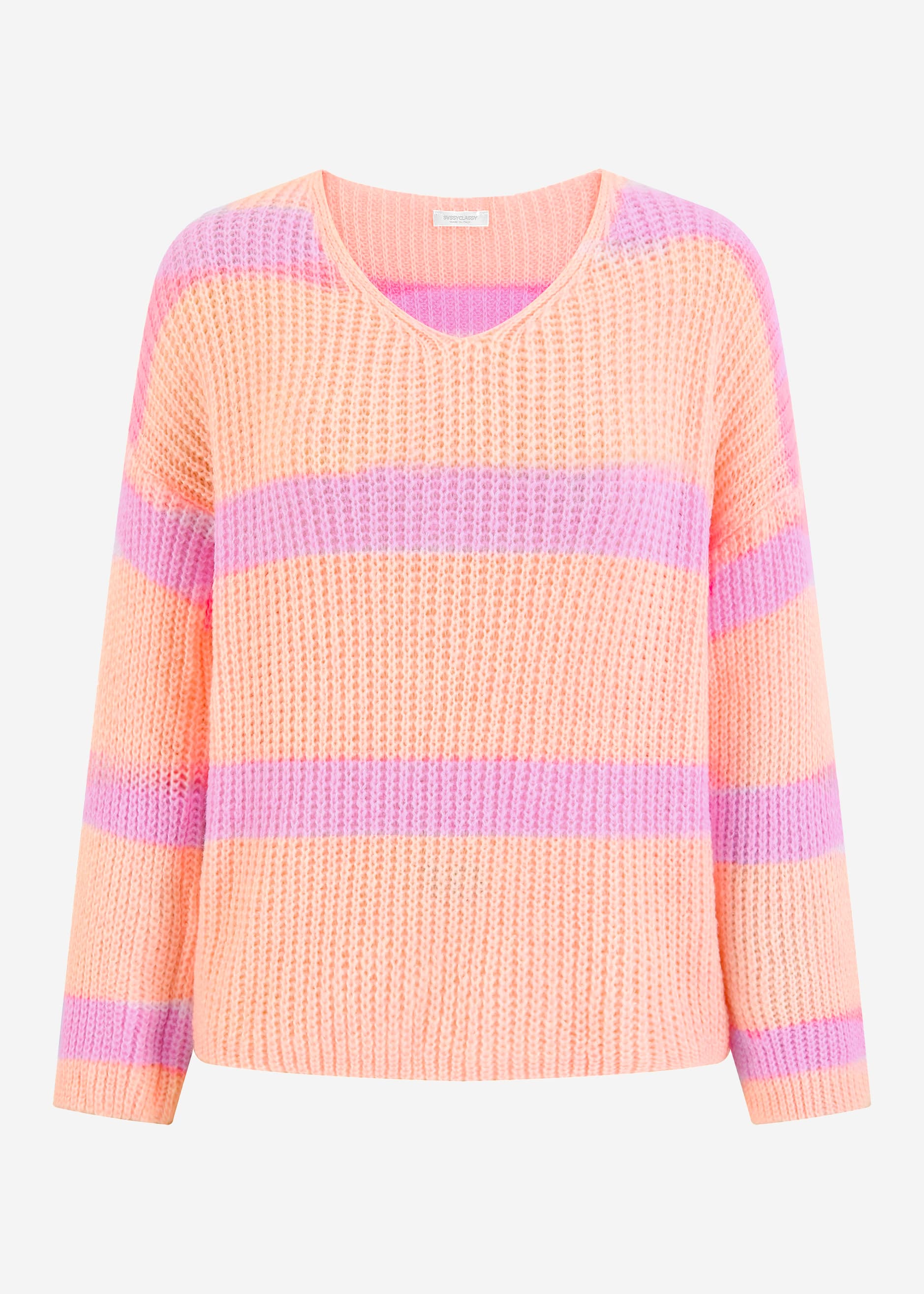 Eleganter Frühlings-Pullover mit V-Ausschnitt - Pfirsich-Flieder Streifen – Clothing > Sweaters | FormaLuxe