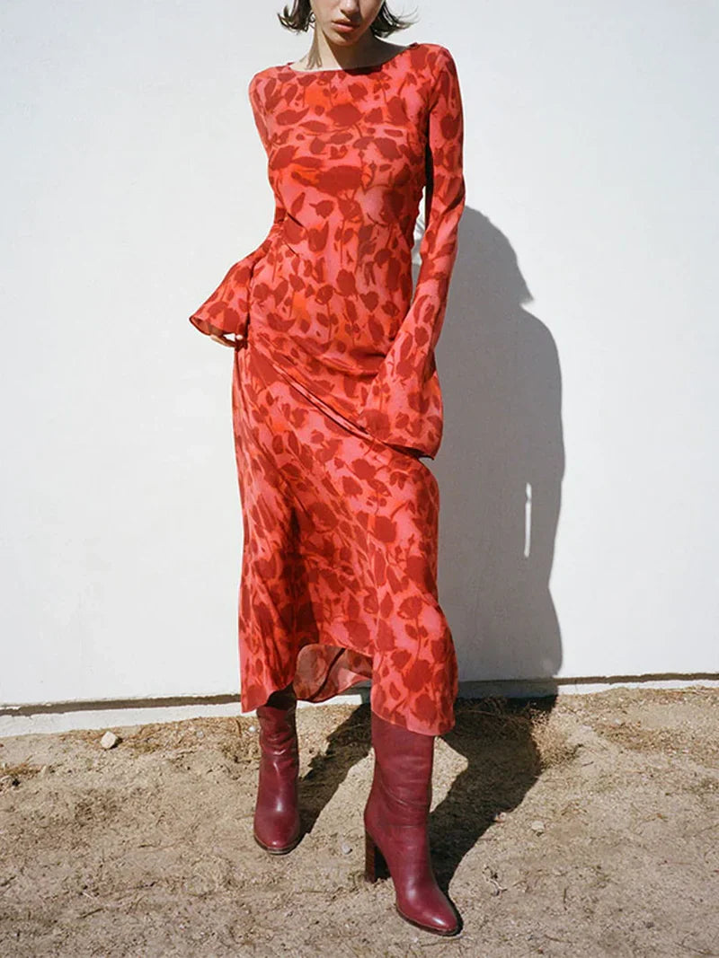 Boho Y2K Kleid mit langen Ärmeln – Lässig & stilvoll im Retro-Look Rot | FormaLuxe