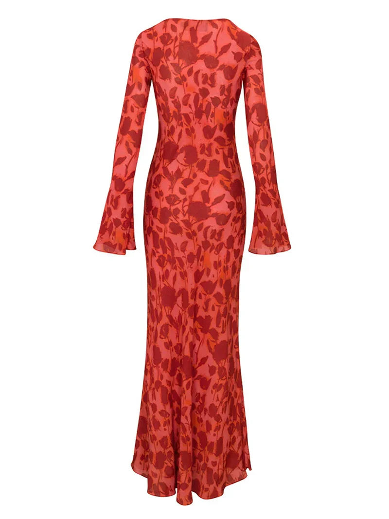 Boho Y2K Kleid mit langen Ärmeln – Lässig & stilvoll im Retro-Look Rot | FormaLuxe