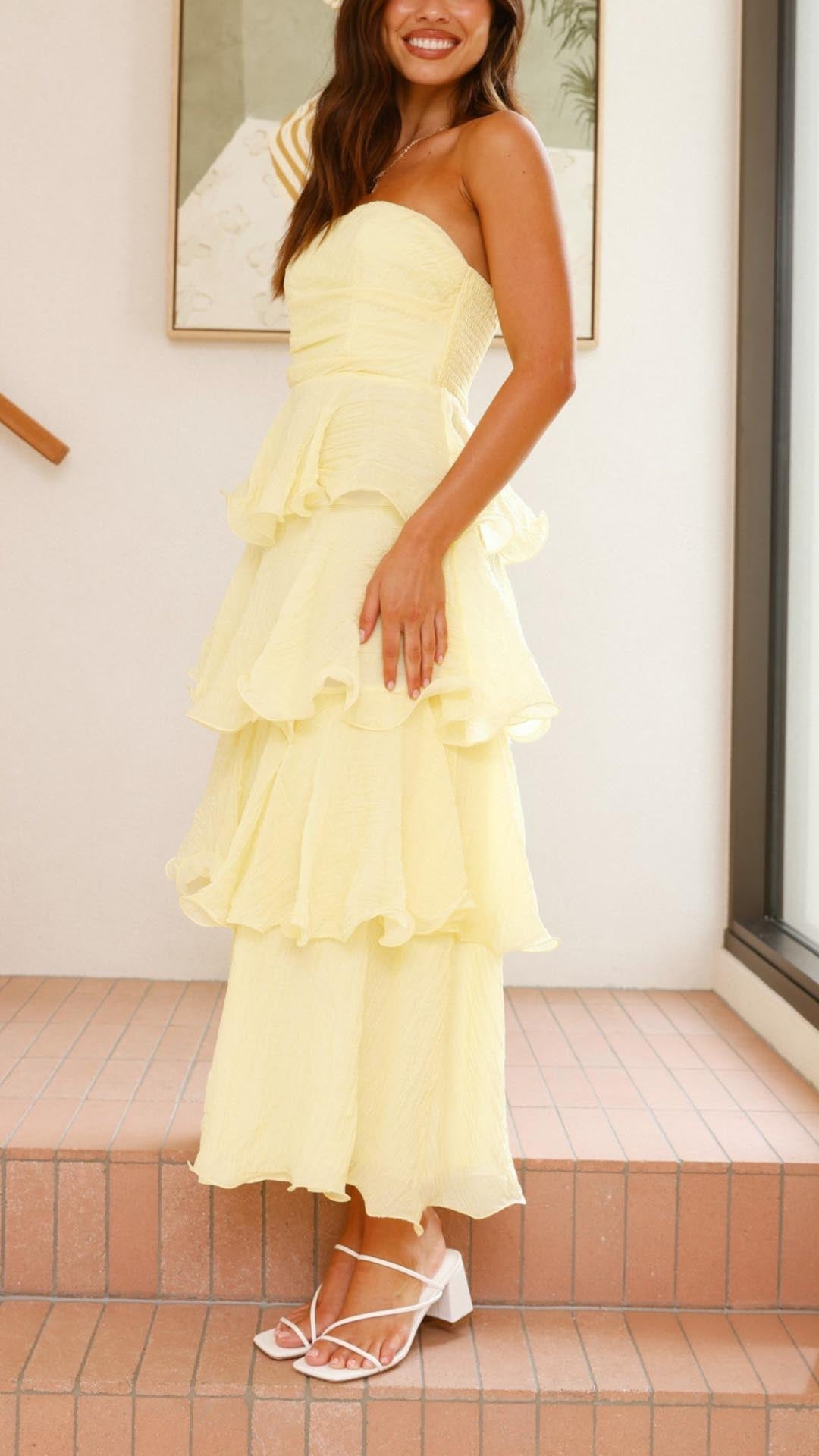 Kate | Maxikleid mit gestuften Rüschen Gelb | FormaLuxe