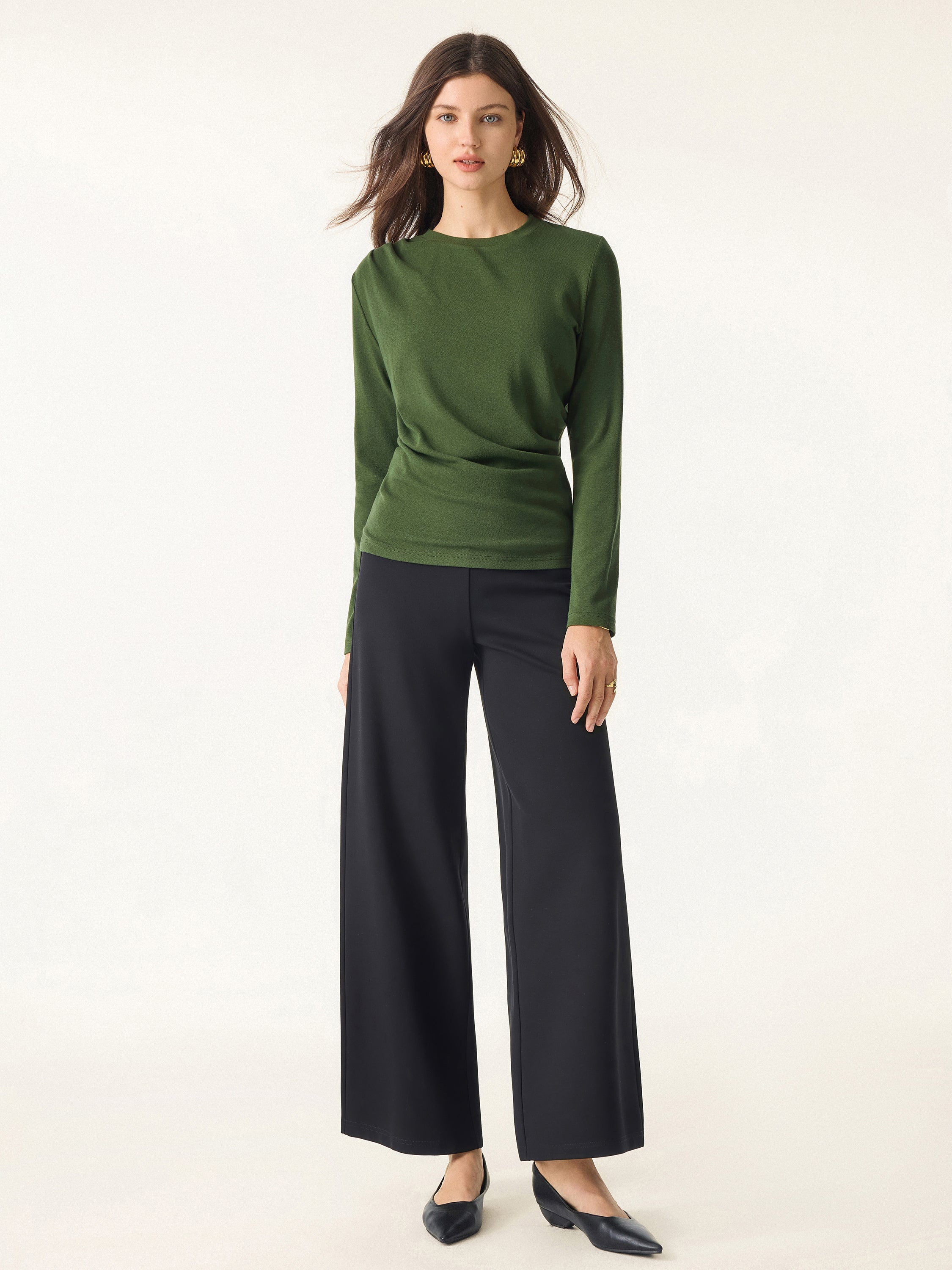 Light Warm Crewneck Tucked Top Moss Olive – Women > Tops > Shirts&Tops | FormaLuxe