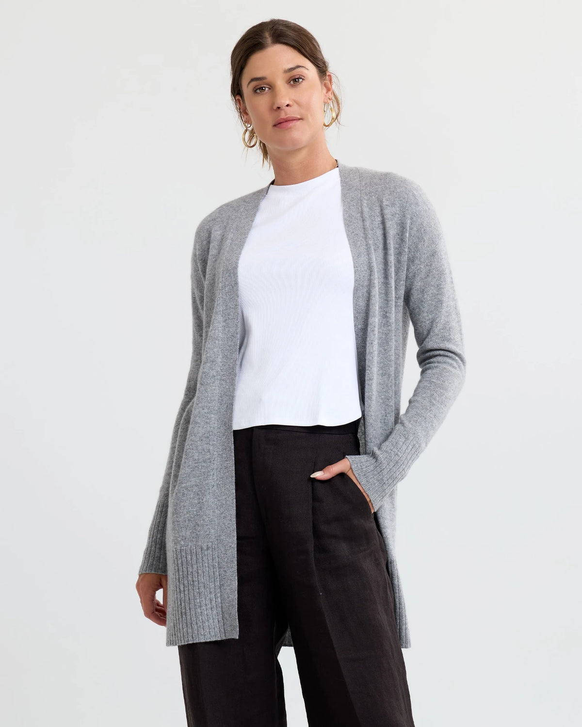 Langer offener Cardigan – Steingrau – Originalansicht 1