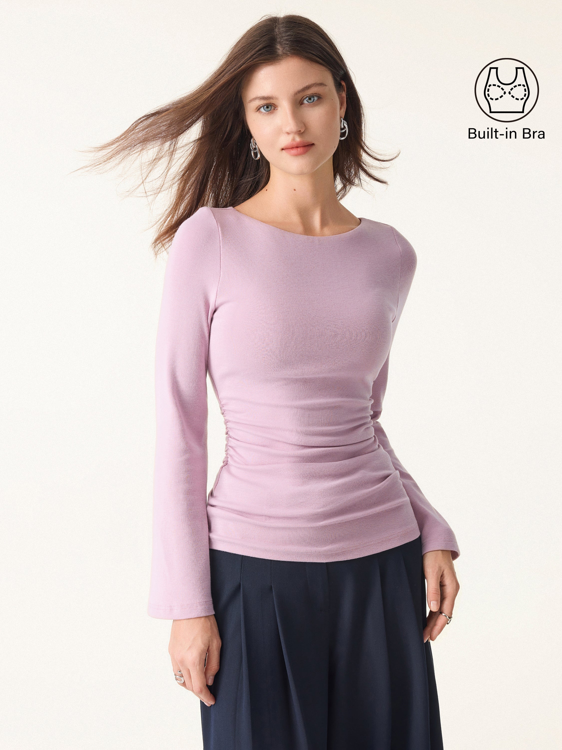 Boatneck Bell Sleeves Ruched Brami Top Opera Mauve – Women > Tops > Bra Tops | FormaLuxe