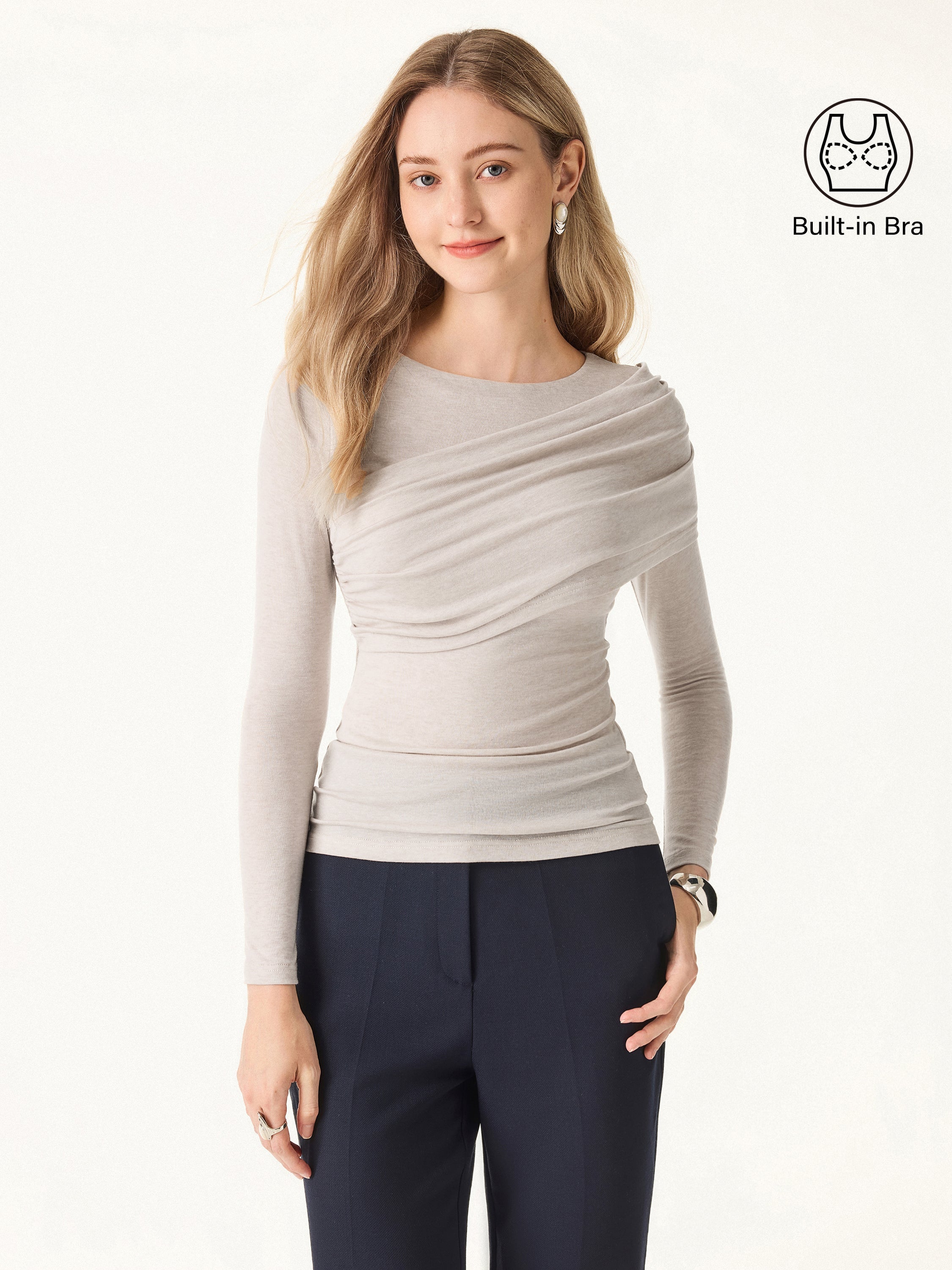 Tencel-Wool Gathered Semi Sheer Long Sleeve Brami Top Heather Fog Ivory – Women > Tops > Bra Tops | FormaLuxe