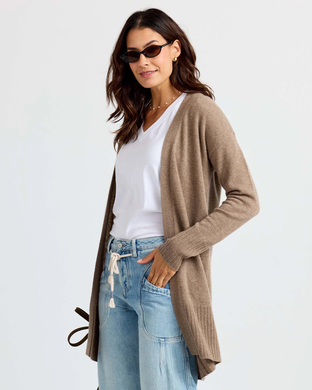 Langer offener Cardigan Damen in Driftwood – Originalansicht 1