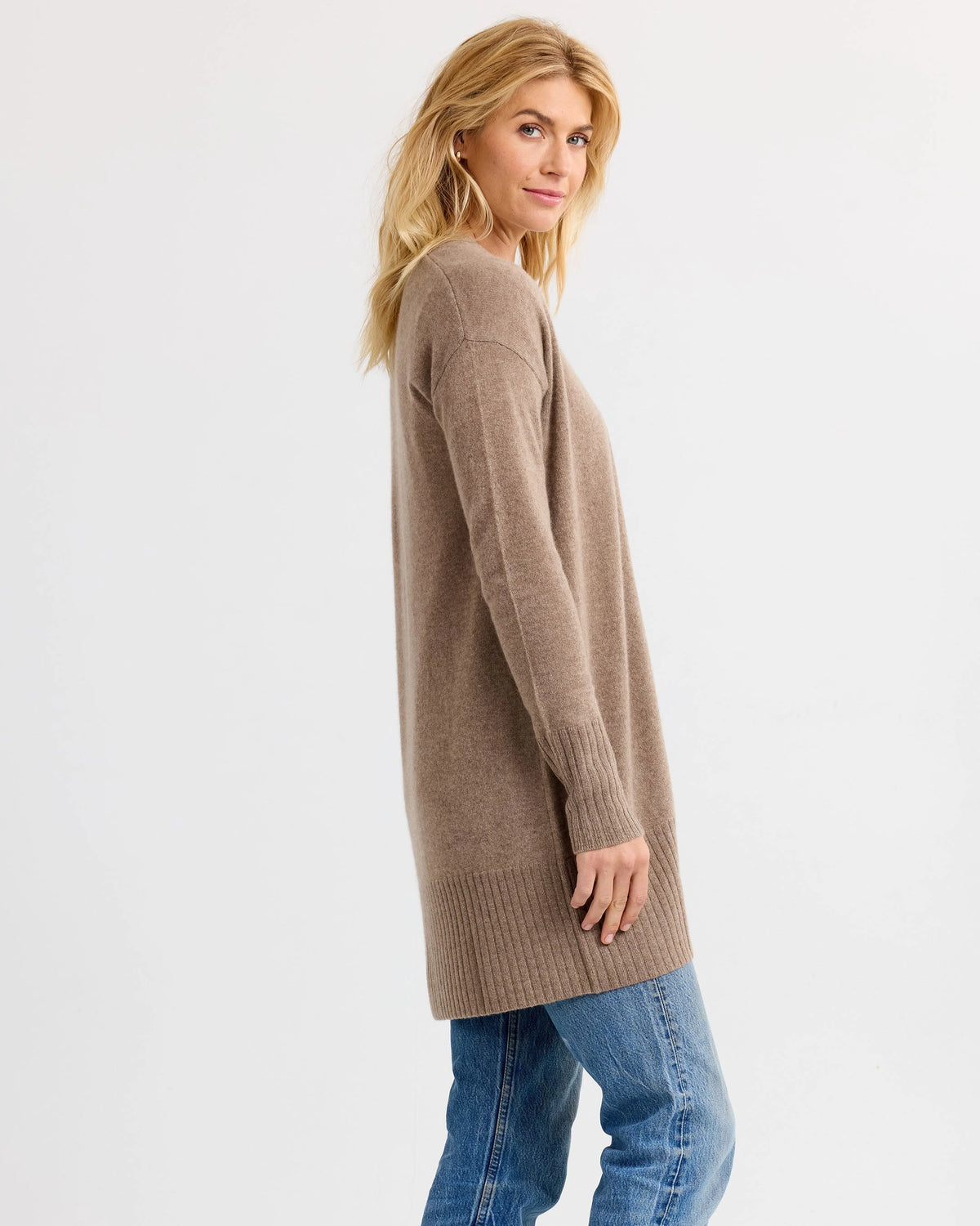 Langer offener Cardigan Damen in Driftwood – Originalansicht 7