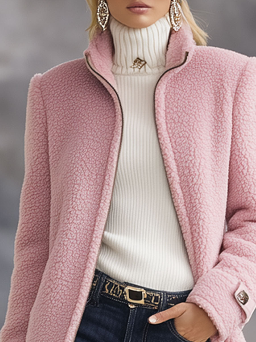Lässige Vintage-Jacke aus rosa Polarfleece mit Reißverschluss Pink – Coat | FormaLuxe