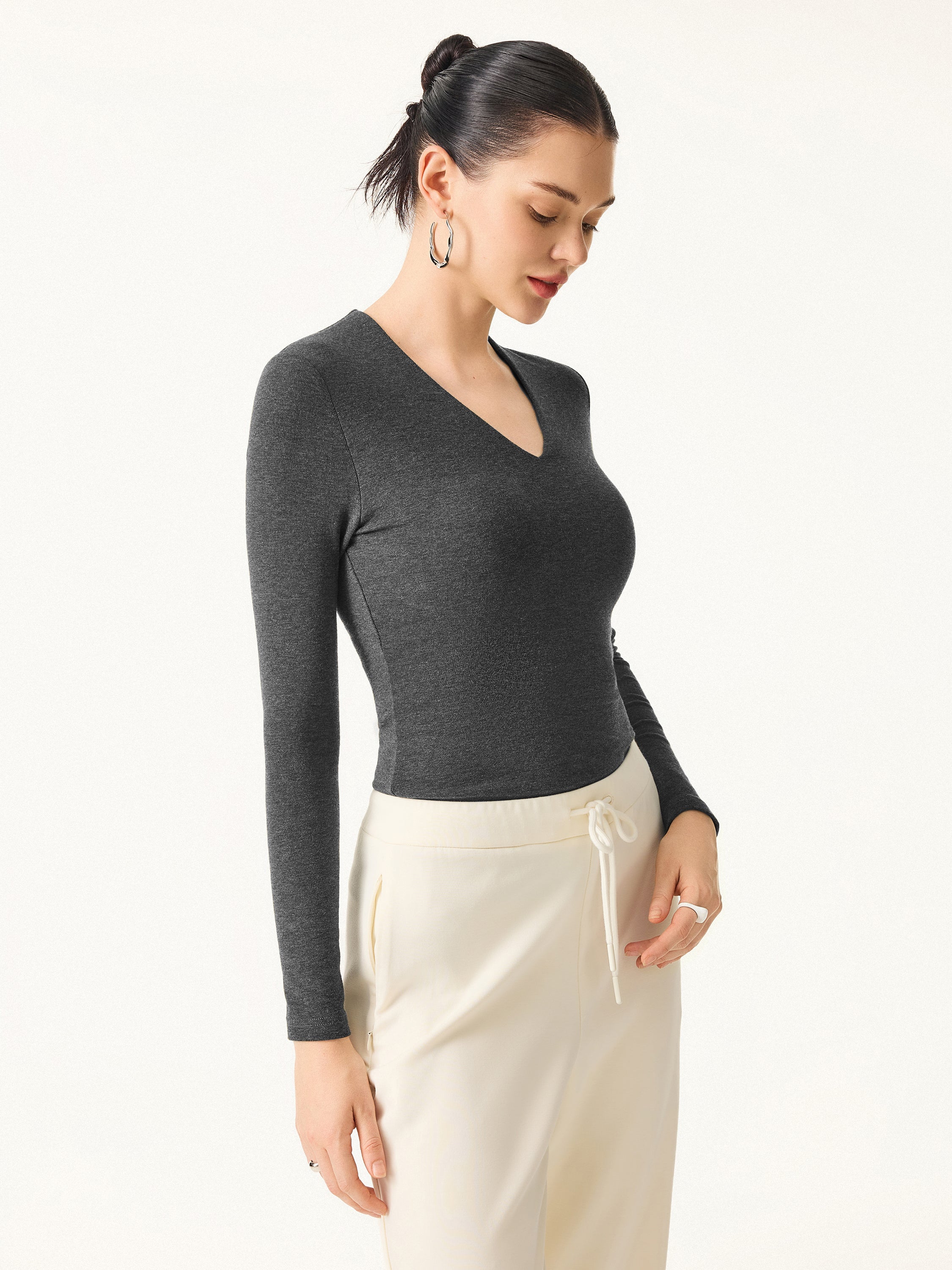 Stretch Cotton V-Neck Long Sleeve Brami Top Deep Bush – Women > Tops > Bra Tops | FormaLuxe
