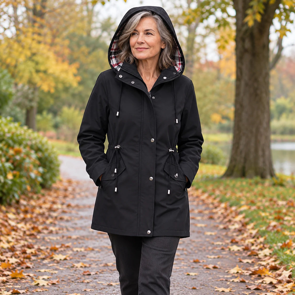 Regenjacke Damen Liv – Schwarze Jacke mit aufgesetzter Kapuze beim Spaziergang | FormaLuxe