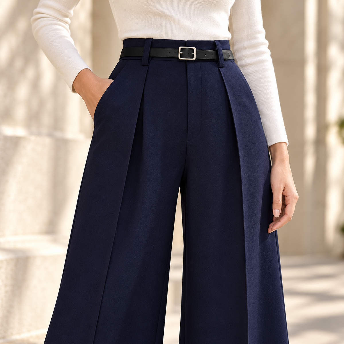 Weite Hose Damen Greta in Blau – Detail der hohen Taille und Bundfalten | FormaLuxe