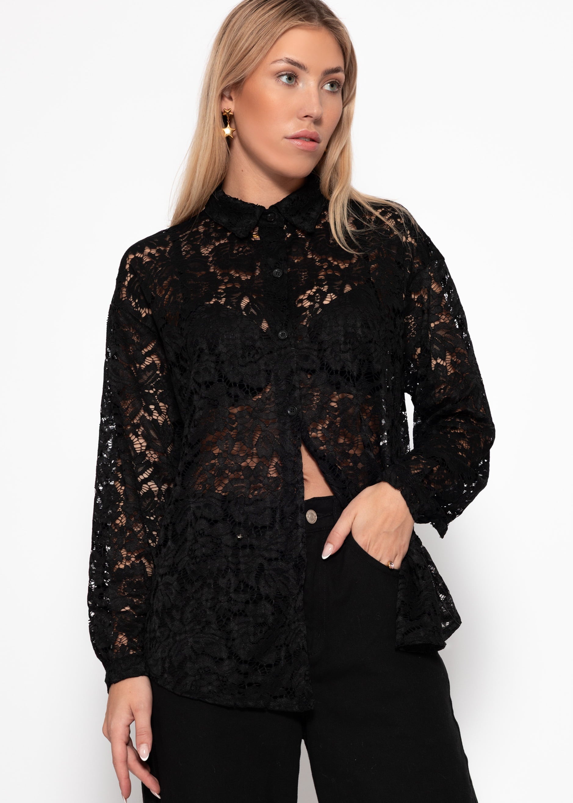 Bluse aus transparenter Spitze - schwarz – Bekleidung > Blusen | FormaLuxe
