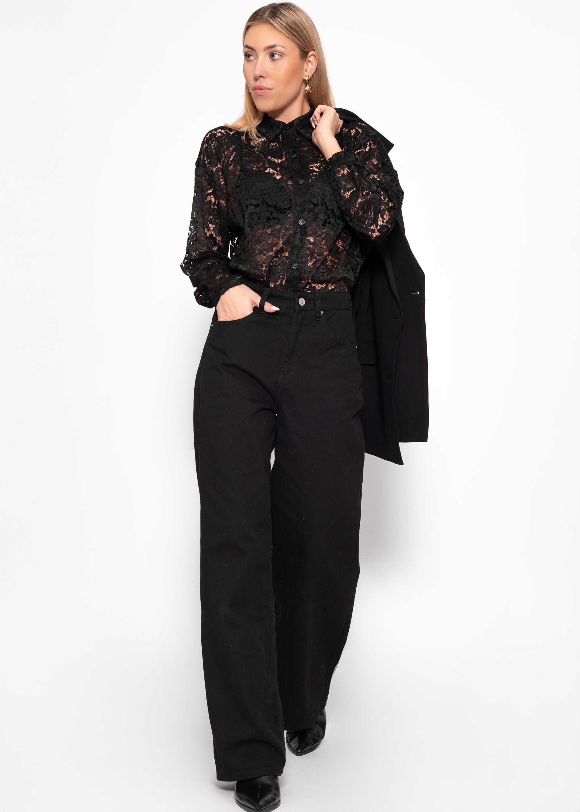 Bluse aus transparenter Spitze - schwarz – Bekleidung > Blusen | FormaLuxe