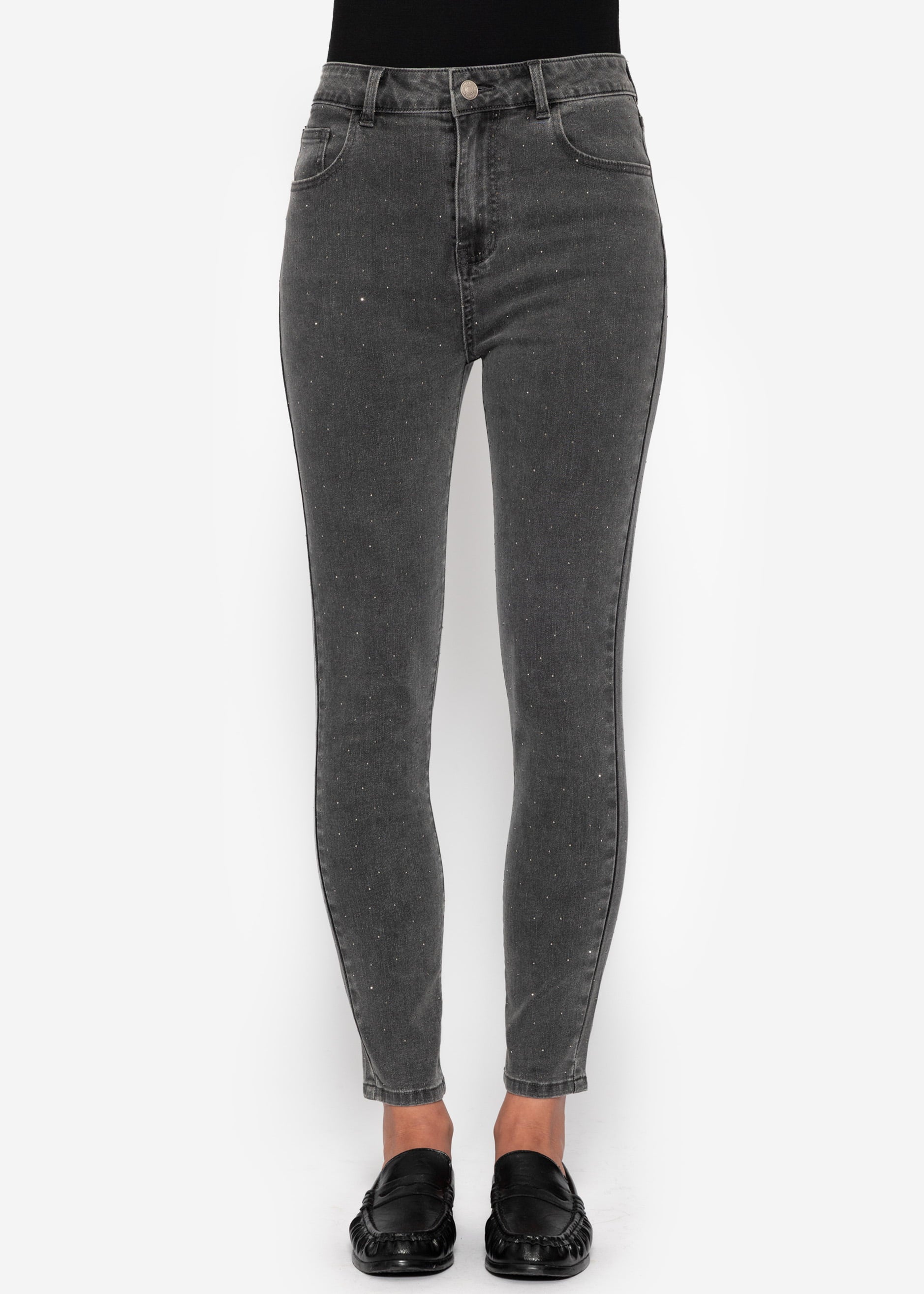 Highwaist Skinny Jeans mit Strasssteinen - dunkelgrau – Bekleidung > Jeans | FormaLuxe